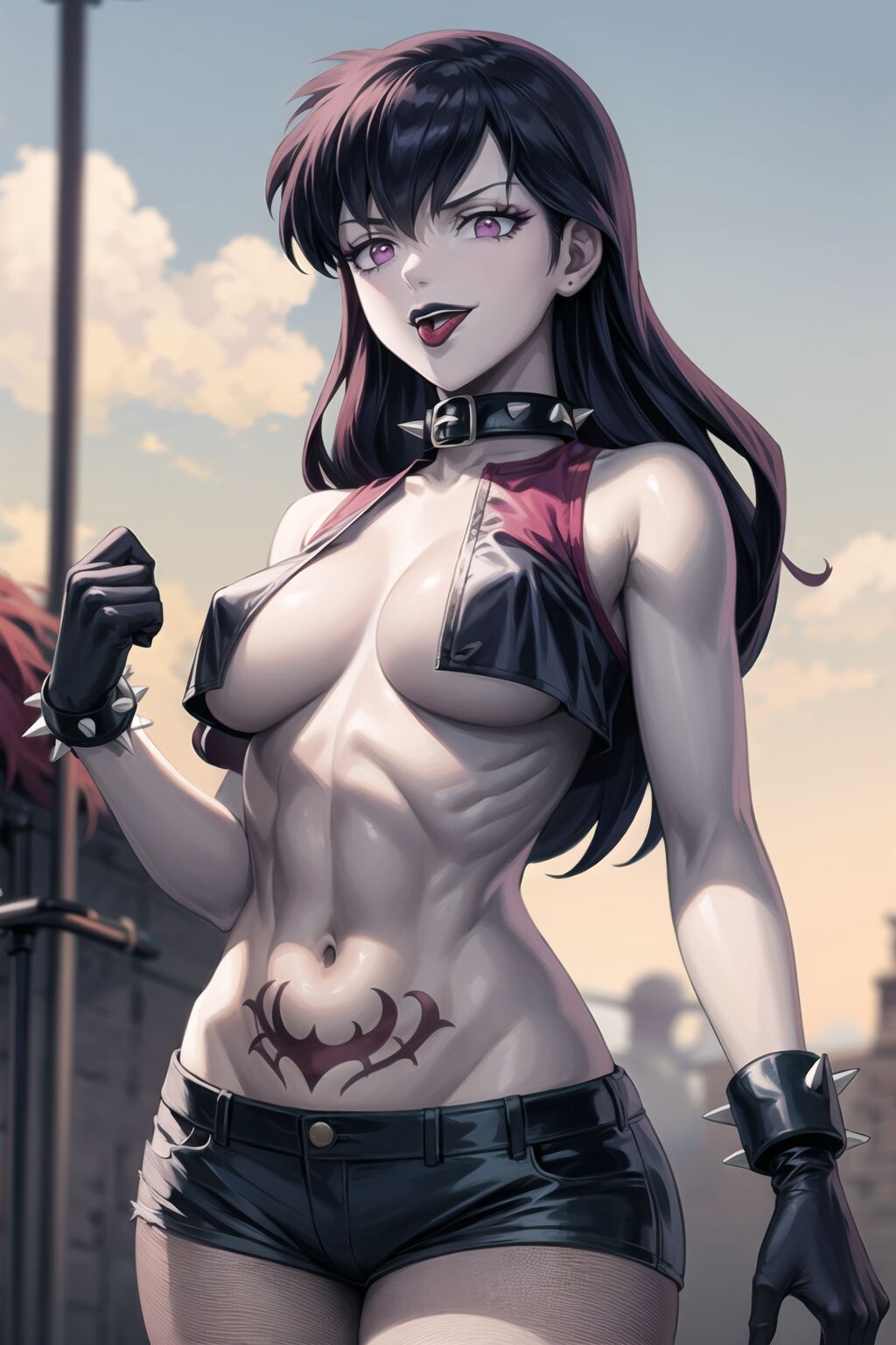 ai_generated belly_tattoo bookoflustfan breasts choker corruption goth goth_girl inuyasha kagome_higurashi loose_clothes minishorts open_mouth pale_skin rock_of_succubus spiked_collar spikes tattoo tongue tongue_out