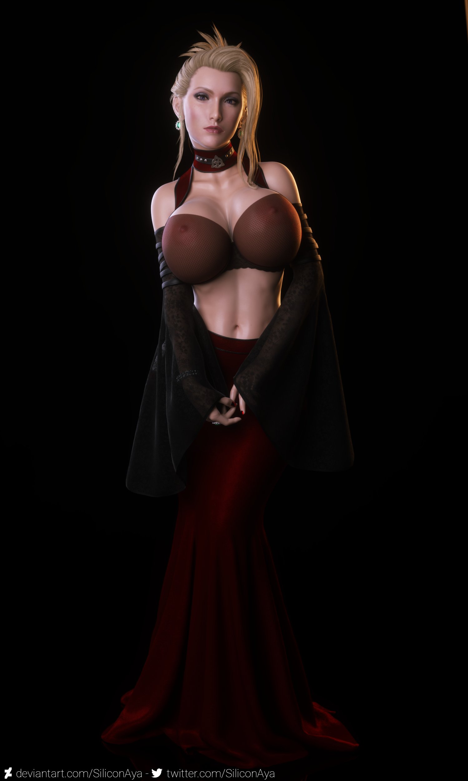 1girls, 3d, blonde female, blonde hair, blue eyes, bra, breasts, cleavage, dress, earrings, female, final fantasy, final fantasy vii, final fantasy vii remake, hi res, huge breasts, light skin, light-skinned female, lingerie, long hair, looking at viewer, mature female, scarlet (ffvii), siliconaya, solo, thick thighs