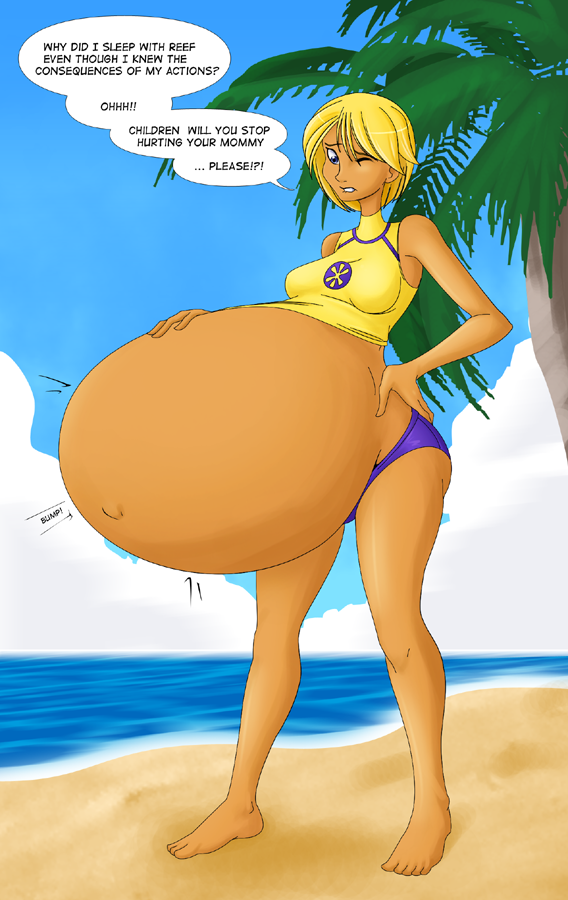 1girls big_belly blonde_hair dark-skinned_female dark_skin english_text female female_only fetal_movement fin_mccloud hyper_pregnancy pregnant ready_to_pop saburox solo solo_female stoked tan_body tan_skin text