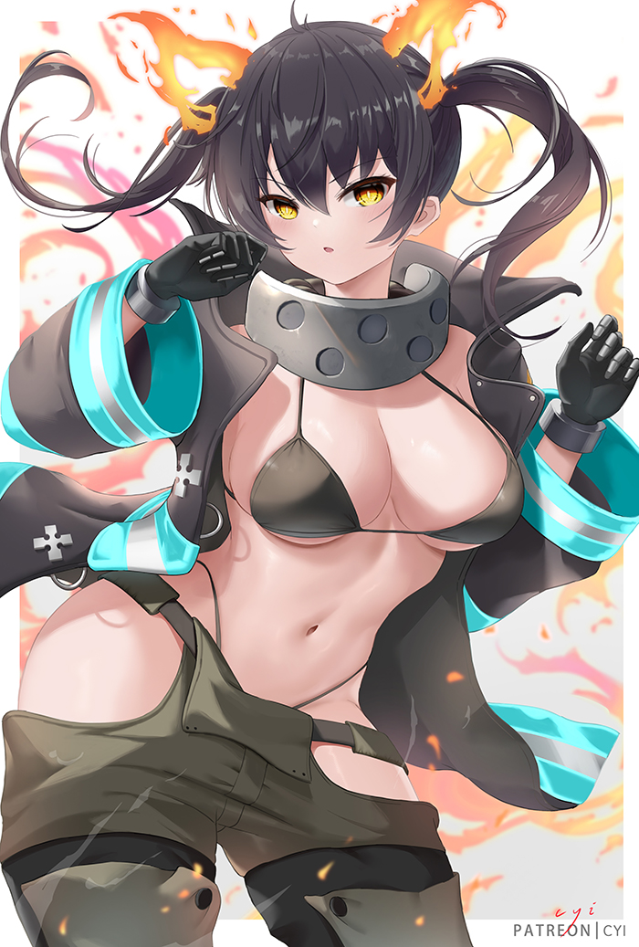 1girls baggy_pants bikini black_bikini black_coat blush breasts cleavage coat collar cyicheng en'en_no_shouboutai enen_no_shouboutai female female_only fiery_ears fiery_tail fire_force firefighter firefighter_jacket gloves jacket kotatsu_tamaki large_breasts long_hair long_sleeves looking_at_viewer metal_collar navel open_clothes open_jacket pants solo swimsuit tail twintails