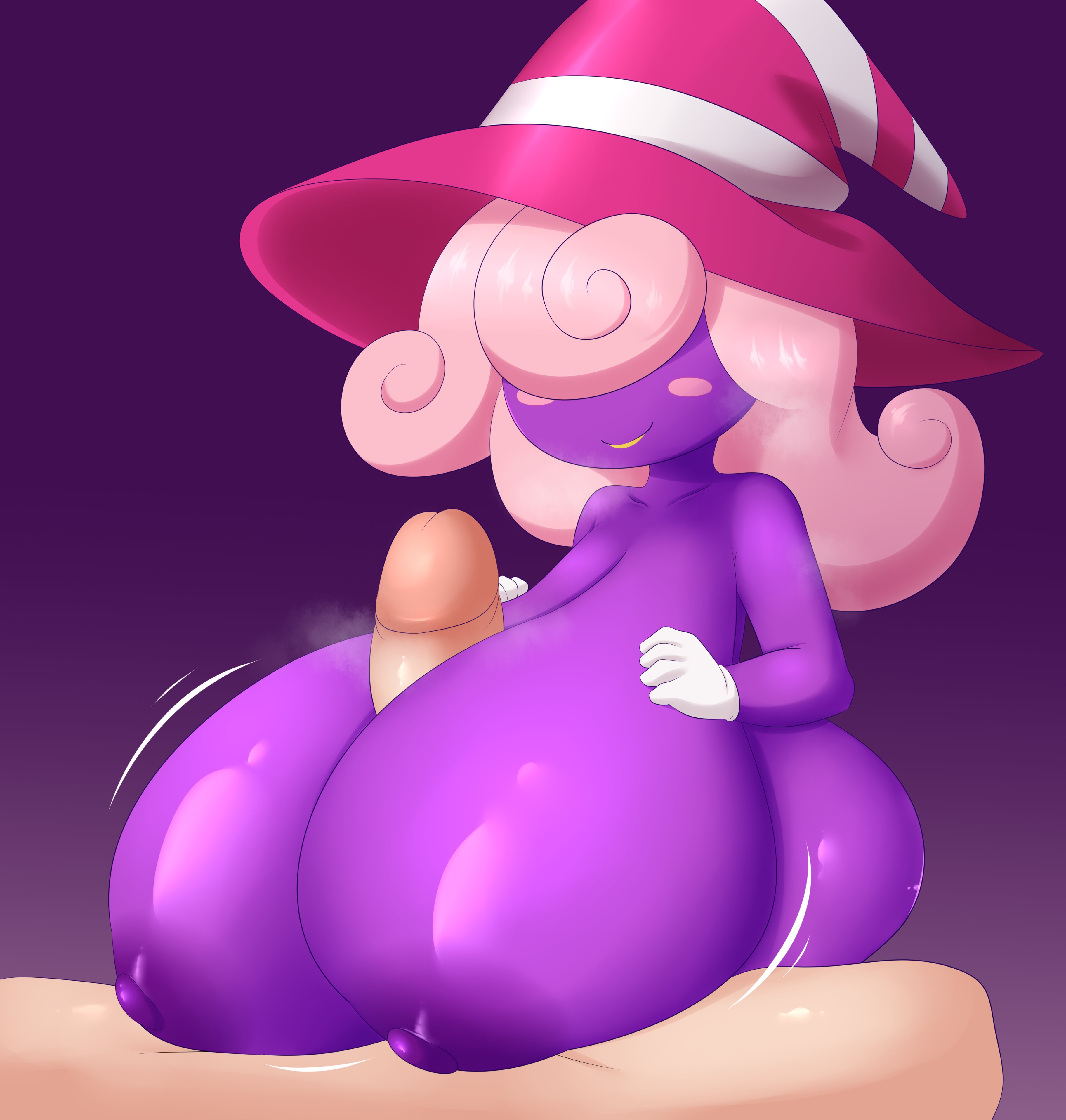1boy, 1girls, absurd res, areola, areolae, big penis, blinding bangs, breasts, breasts bigger than head, erection, female, gigantic breasts, hair over eyes, hat, hi res, human, interspecies, jcdr, male, male/female, mario (series), nintendo, nipples, paizuri, paper mario, paper mario: the thousand-year door, penis, pink hair, purple background, purple nipples, purple skin, shadow siren, simple background, titjob, topless, vivian (paper mario), witch hat