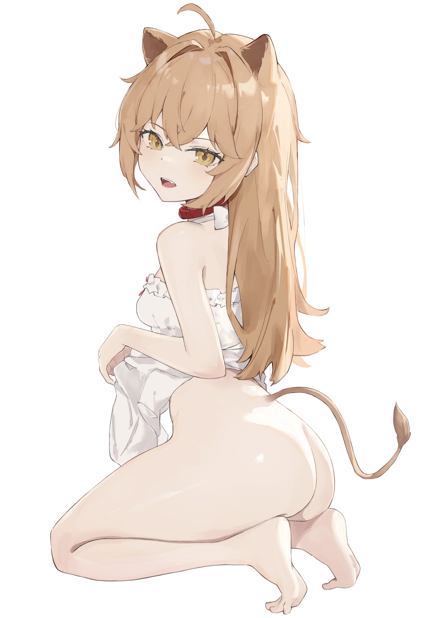 ahoge, ass, barefoot, bottomless, brown hair, cute, dress, dress lift, huge ass, indie virtual youtuber, lion ears, lion tail, long hair, looking back, rear view, rurudo lion, sitting, skirt lift, teeth, virtual youtuber, vtuber, white background, white dress, yellow eyes