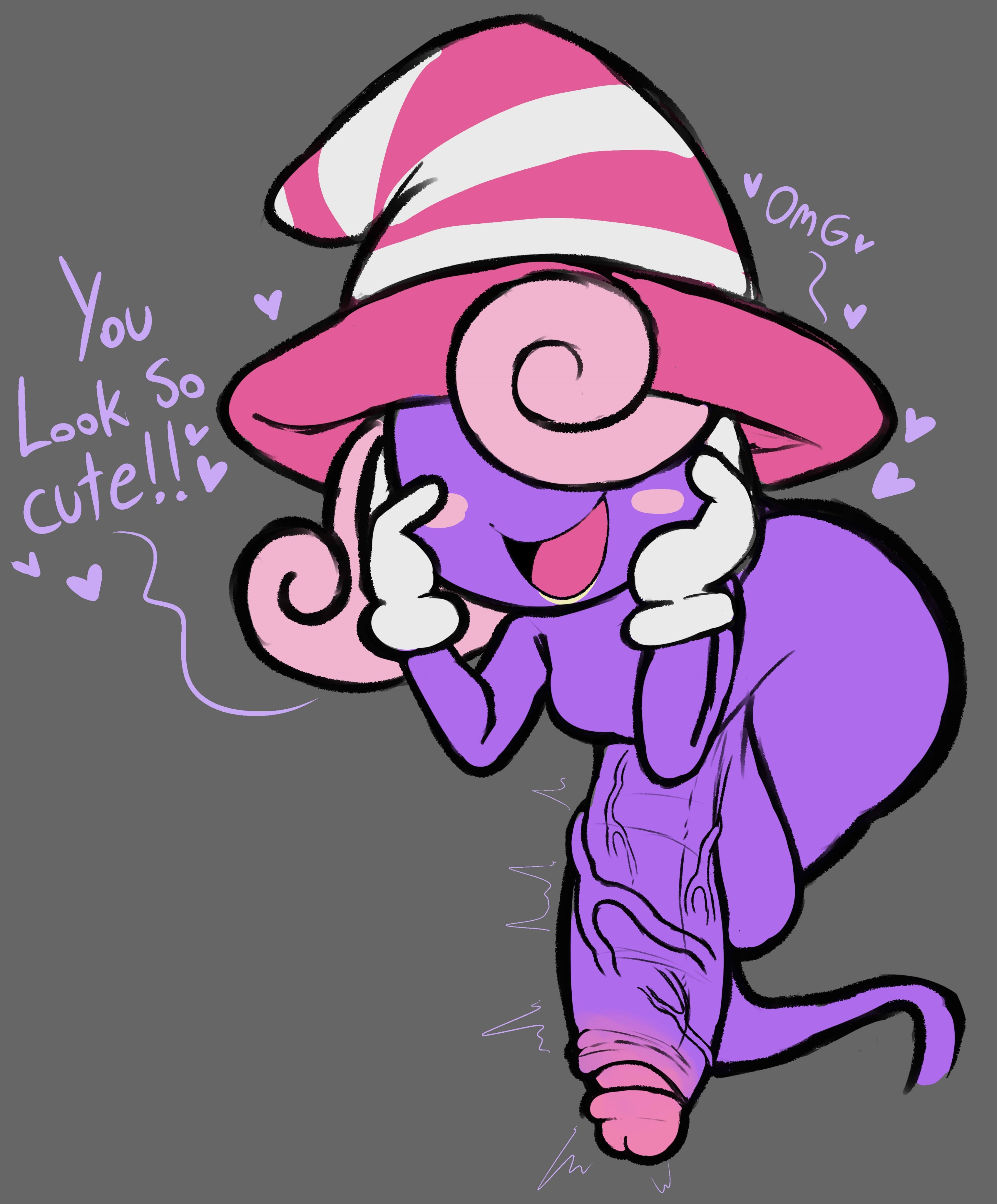 1futa, absurd res, ambiguous gender, balls, big penis, blinding bangs, color, colored, cumlord, cumlord (artist), erection, flat chest, futa only, futanari, grey background, hair over eyes, hat, heart, hi res, huge cock, humanoid penis, intersex, just coffee, lipstick, mario (series), nintendo, open mouth, paper mario, paper mario: the thousand-year door, penis, pink hair, purple skin, simple background, testicles, text, vein, veins, veiny, veiny penis, vivian (paper mario), witch hat, yellow lipstick