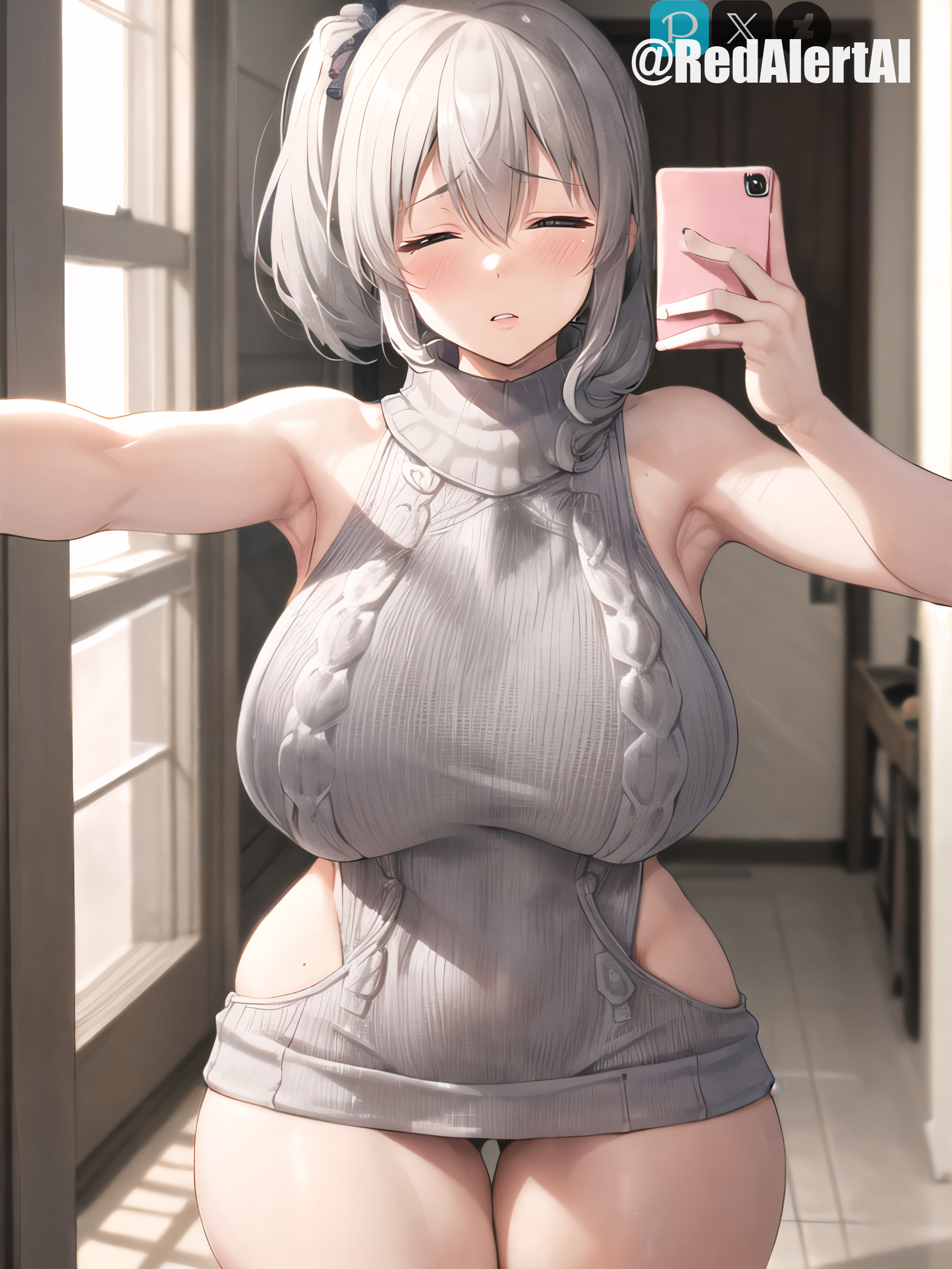 ai generated, artist name, artist signature, ass, big ass, big breasts, big butt, blush, breasts, closed eyes, detailed background, female, milf, redalertai, selfie, uzaki tsuki, uzaki-chan wa asobitai!, virgin killer sweater, watermark, white hair