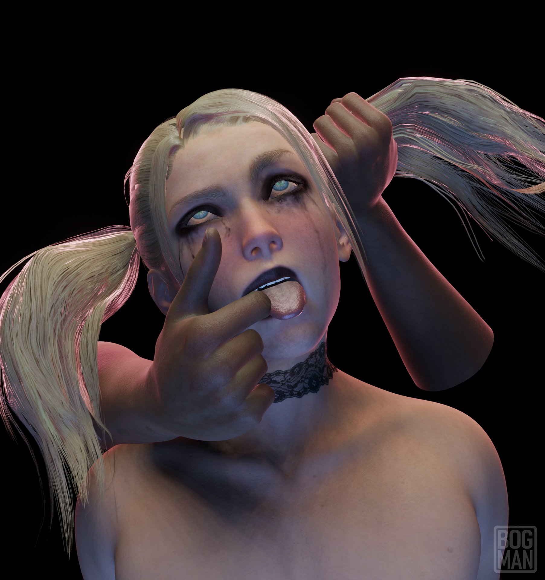 3d, bogman, choker, cloud strife, cute male, femboy, final fantasy, final fantasy vii, finger in another's mouth, finger in mouth, makeup, male, pigtails, ruined makeup, tagme