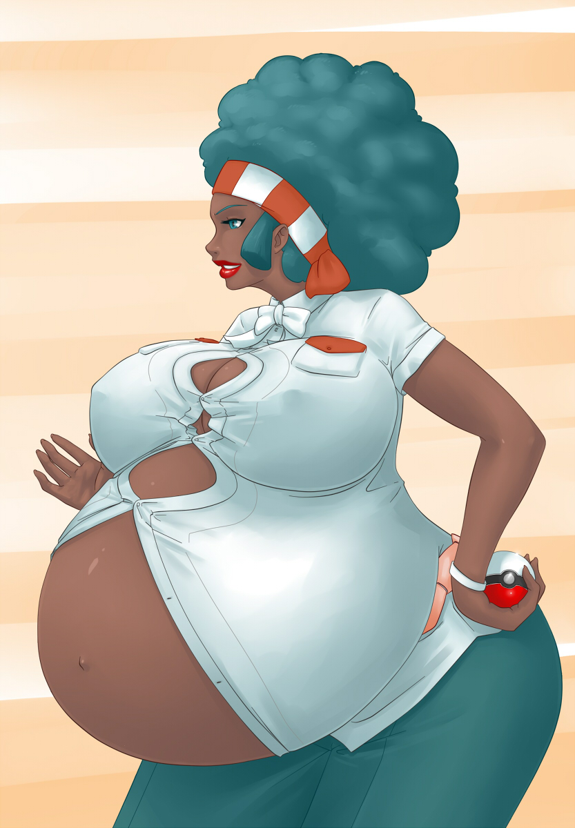 1girls afro big_belly big_breasts dark-skinned_female disproportional female female_only gym_leader hyper_belly lenora_(pokemon) nintendo pokemon pokemon_bw pregnant ready_to_pop solo solo_female zdemian