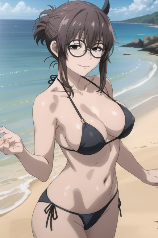 1girls ai_generated beach big_breasts bikini black_bikini black_eyes brown_hair call_of_the_night glasses looking_at_viewer partially_nude perfect_body rock round_glasses sand seductive smile standing thighs uguisu_anko water yofukashi_no_uta