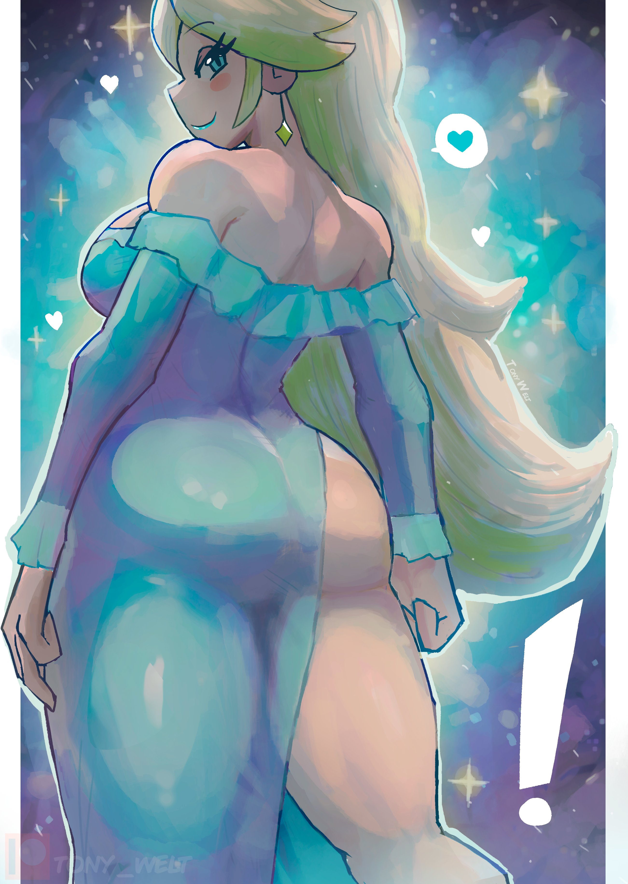 1girls, ass, back view, blonde hair, breasts, clothing, dress, earrings, exposed butt, exposed leg, female, female only, looking back at viewer, mario (series), nintendo, princess rosalina, sideboob, smiling, solo, super mario galaxy, thighs, tony welt, very long hair