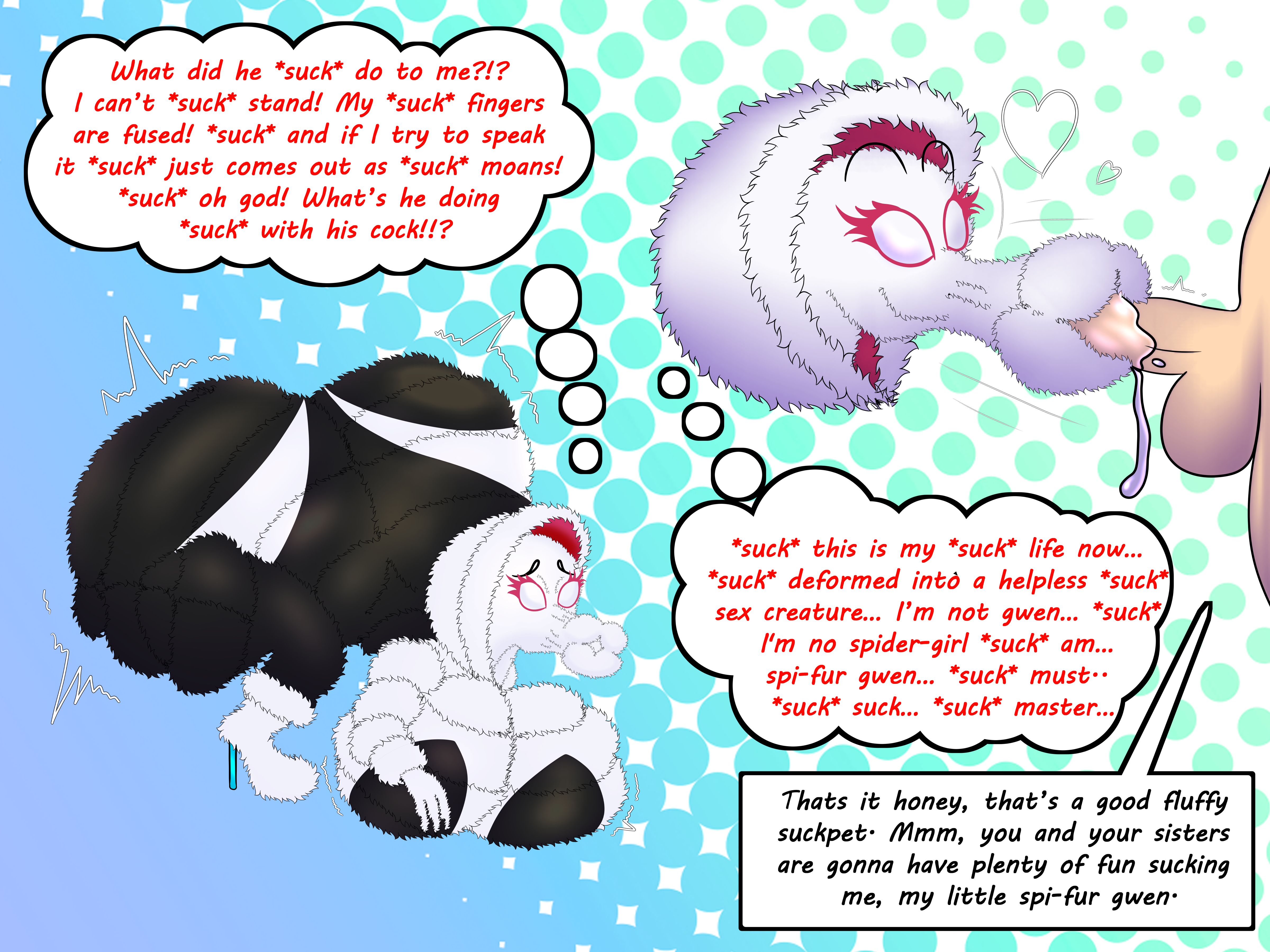 1boy, 1girls, alternate breast size, ass, bimbo, blowjob, body modification, boots, brain drain, brainwashing, breasts, english text, fellatio, female, fur, furry, gwen stacy, heeled feet, high heel boots, high heels, huge ass, huge breasts, hypnosis, implied transformation, lewdjacket, male, marvel, marvel comics, mind control, penis, spider-gwen, spider-man (series), spider-man: into the spider-verse, suckpet, tagme, text, thick lips, thick thighs, transformation, wide hips
