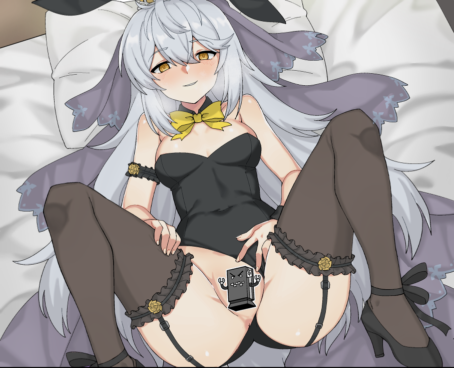 1girls arm_band bed blacha_(dkskek157) black_bunny_ears black_bunnysuit black_heels black_thighhighs bowtie bowtie_collar bunny_ears bunny_girl bunnysuit censored censored_pussy counter:side eyebrows_visible_through_hair female gaeun garter_straps heels leotard on_back on_bed playboy_bunny ribbon smirk smirking_at_viewer spread_legs spread_pussy sticker sticker_censor thighhighs traditional_bowtie visible_breath white_hair yellow_eyes