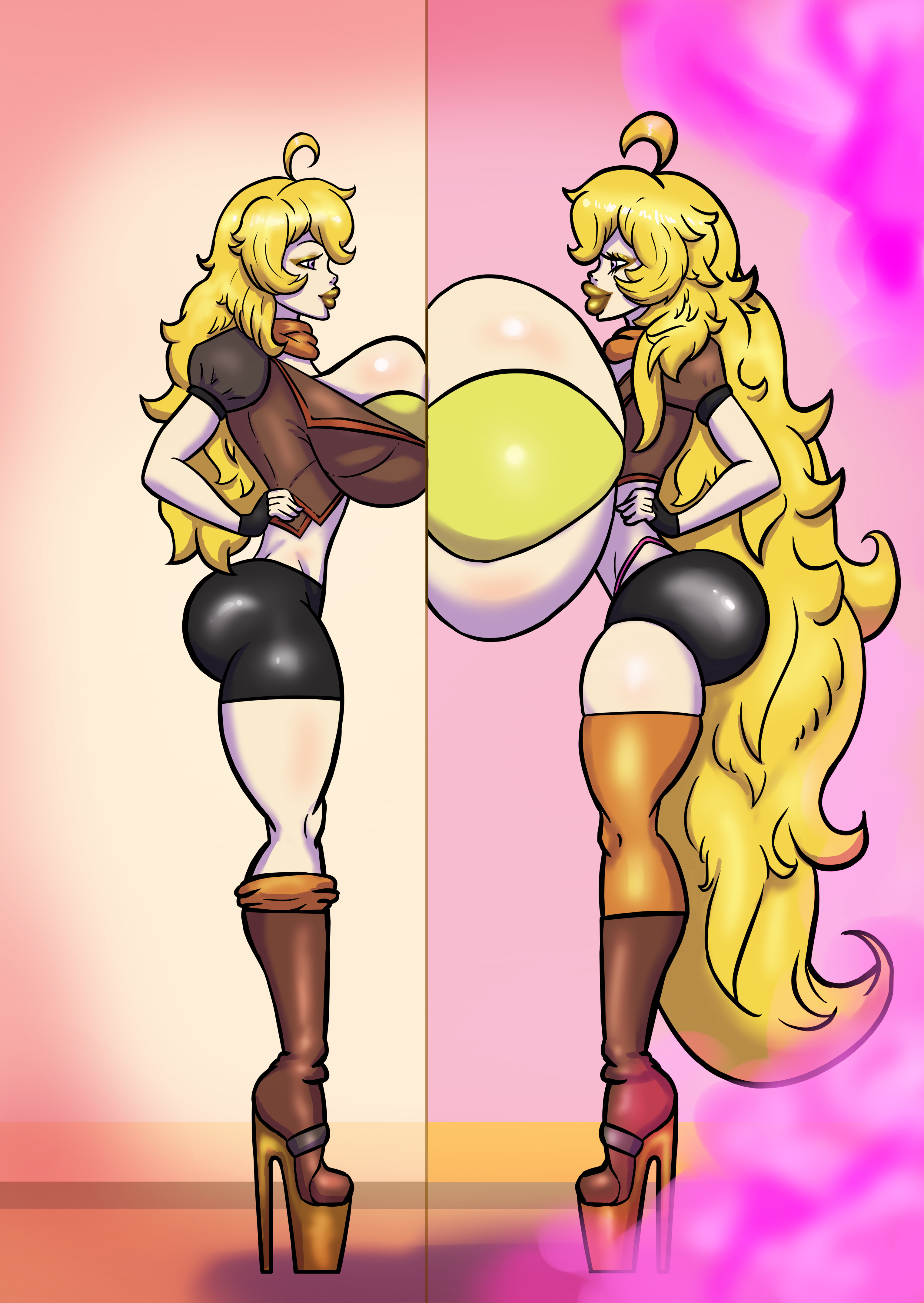 after transformation, ass, before and after, bikini, bimbo, bimbo lips, bimbofication, blonde hair, boots, bradtanker3, brainwashing, breast expansion, breast growth, breast growth (enlargement), breasts, female, high heel boots, high heels, huge ass, huge breasts, hyper bimbo, long hair, malfunction, mind break, mirror, post-transformation, rwby, thick thighs, top heavy, transformation, transformation sequence, very long hair, wide hips, yang xiao long, yellow lipstick