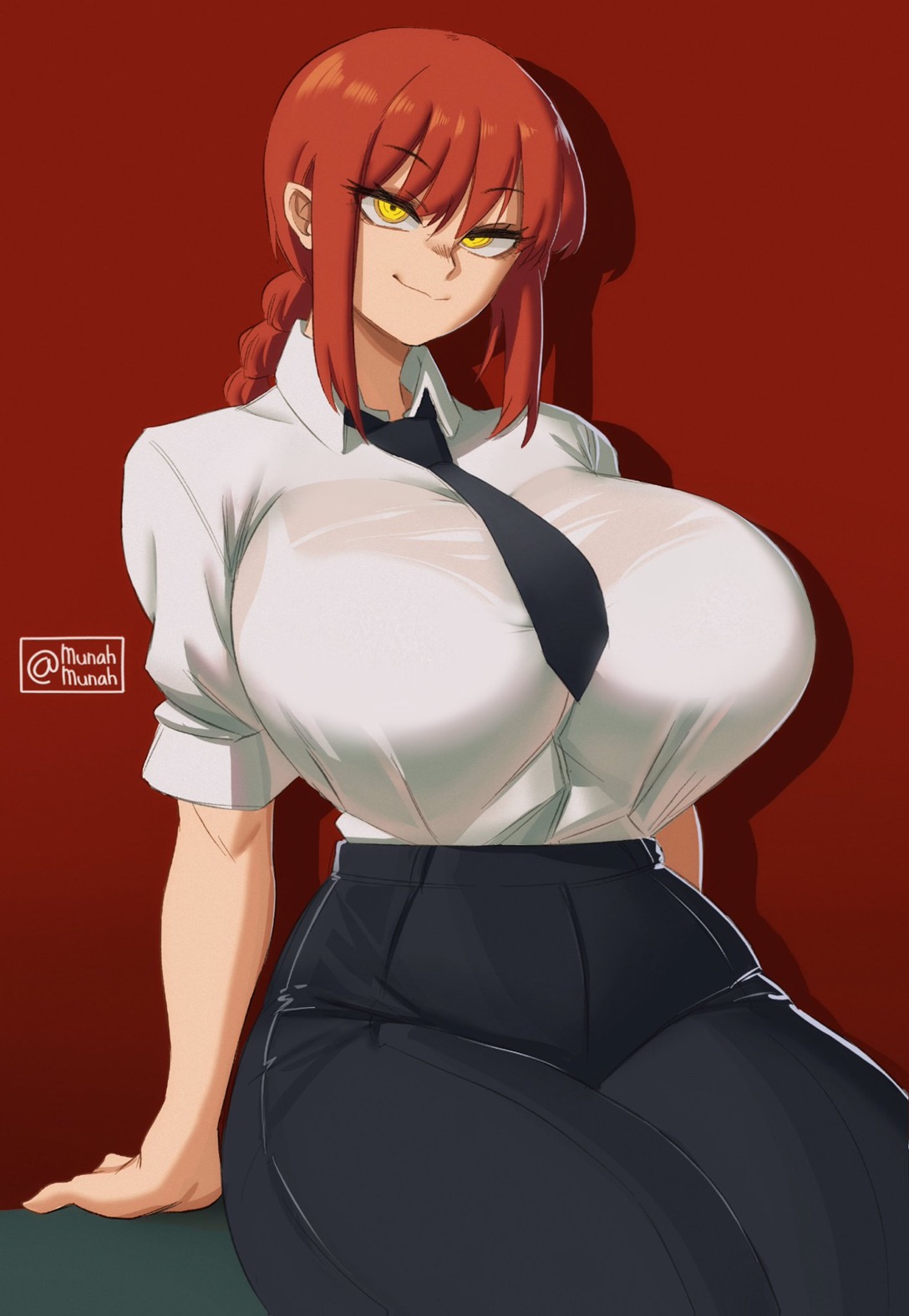 bra, bra visible through clothes, breasts, breasts bigger than head, chainsaw man, clothed, clothing, female, fully clothed, large breasts, looking at viewer, mai munah, makima (chainsaw man), red hair, shounen jump, yellow eyes
