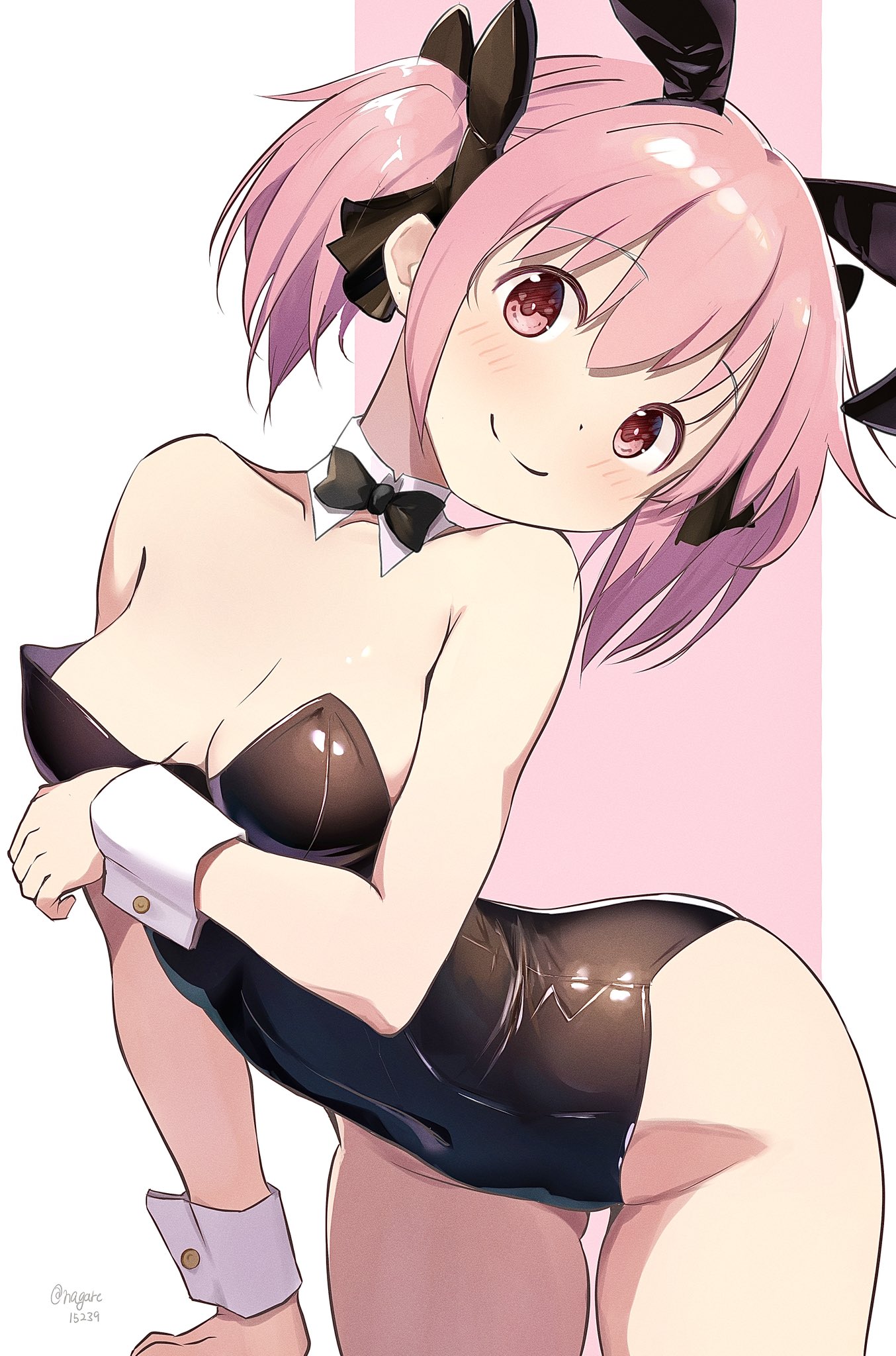 arched back, black ribbon, breasts, bunny ears, bunny girl, bunnysuit, choker, collarbone, female, female focus, female only, human, looking at viewer, madoka kaname, magic user, magical girl, mahou shoujo madoka magica, nagare (flow), necktie, pink eyes, pink hair, ribbons, small breasts, smile, solo, solo female, solo focus, standing, thighs, twintails