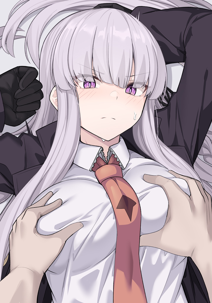 1girls angry arms_up big_breasts breast_grab busty danganronpa danganronpa:_trigger_happy_havoc double_breast_grab female frown fully_clothed groping groping_breasts hands huge_breasts human kirigiri_kyouko large_breasts male_hand pinned_down shiseki_hirame voluptuous voluptuous_female