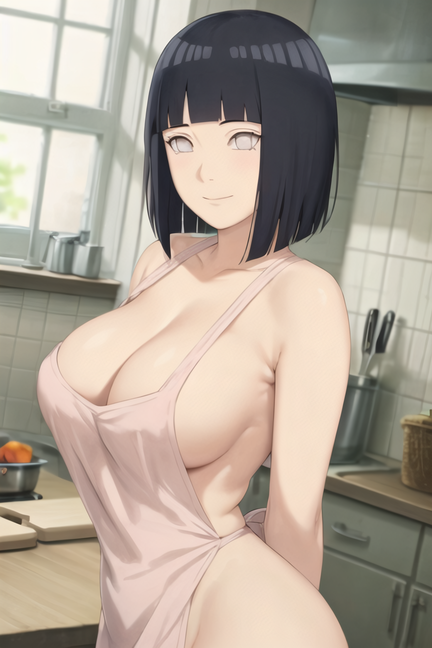 1girls, ai generated, apron, black hair, boruto: naruto next generations, breasts, busty, cleavage, curvy, female, hi res, highres, hyuuga hinata, kitchen, milf, naruto, naruto (series), pixai, short hair, smile, standing, uzumaki hinata, white eyes
