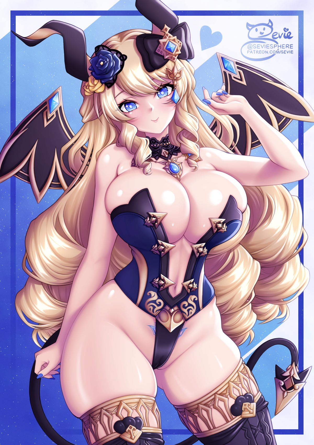 1girls, blonde hair, blue eyes, breasts, cleavage, demon, female, genshin impact, hi res, horns, huge breasts, leotard, light skin, light-skinned female, long hair, naughty face, navia (genshin impact), pubic tattoo, sevie, smile, succubus, succubus costume, tail, tail accessory
