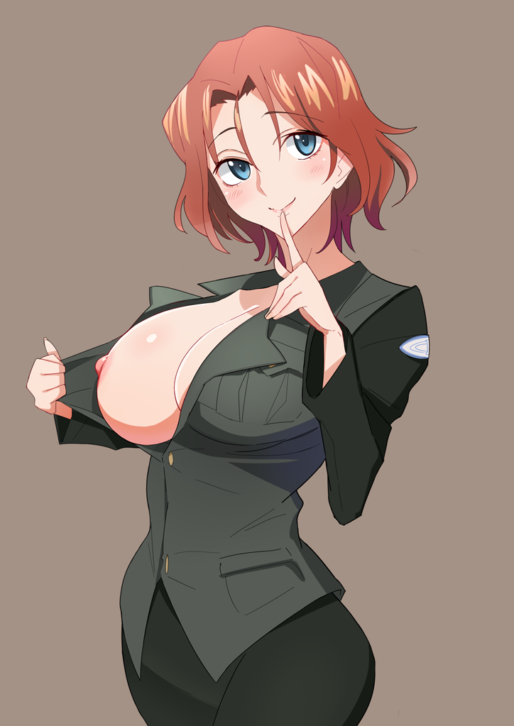 azumi_(girls_und_panzer) baron_(nsbaron) blue_eyes blush breasts brown_hair cleavage female finger_to_mouth girls_und_panzer index_finger_raised jacket large_breasts looking_at_viewer nipples no_bra one_breast_out open_clothes open_jacket selection_university_military_uniform short_hair shushing solo