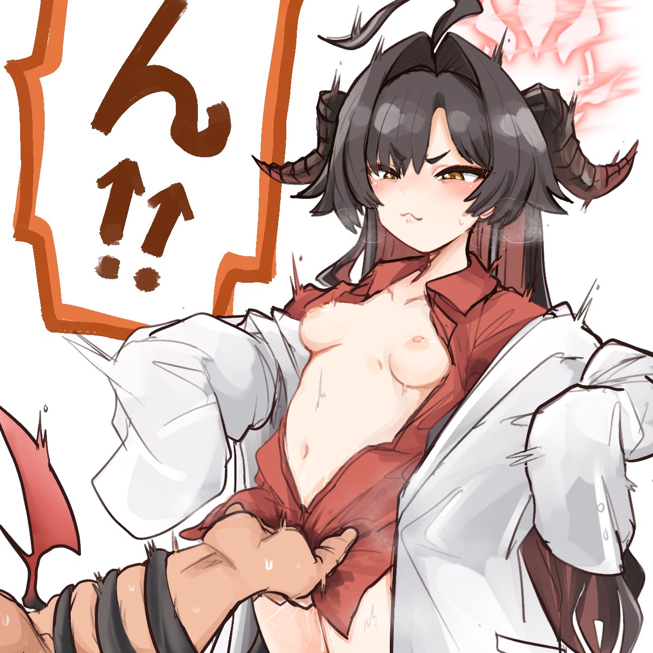 1boy ahoge black_hair blue_archive breasts coat demon_girl demon_horns demon_tail drill_hair female gehenna_academy_student halo hand_on_another's_crotch highres horns hot_springs_department_(blue_archive) huge_ahoge kasumi_(blue_archive) long_hair long_sleeves navel open_clothes open_coat open_shirt red_shirt ro_(aahnn) shirt simple_background small_breasts speech_bubble tail tail_around_arm very_long_hair white_background white_coat yellow_eyes