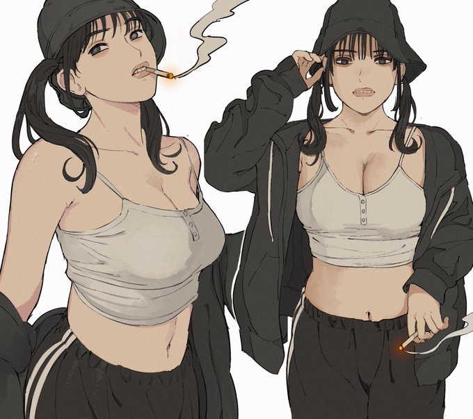 1girls big_breasts black_hair busty cigarette cleavage giganticbuddha grey_eyes headwear jacket jacket_partially_removed midriff pants smoke smoking tank_top twintails