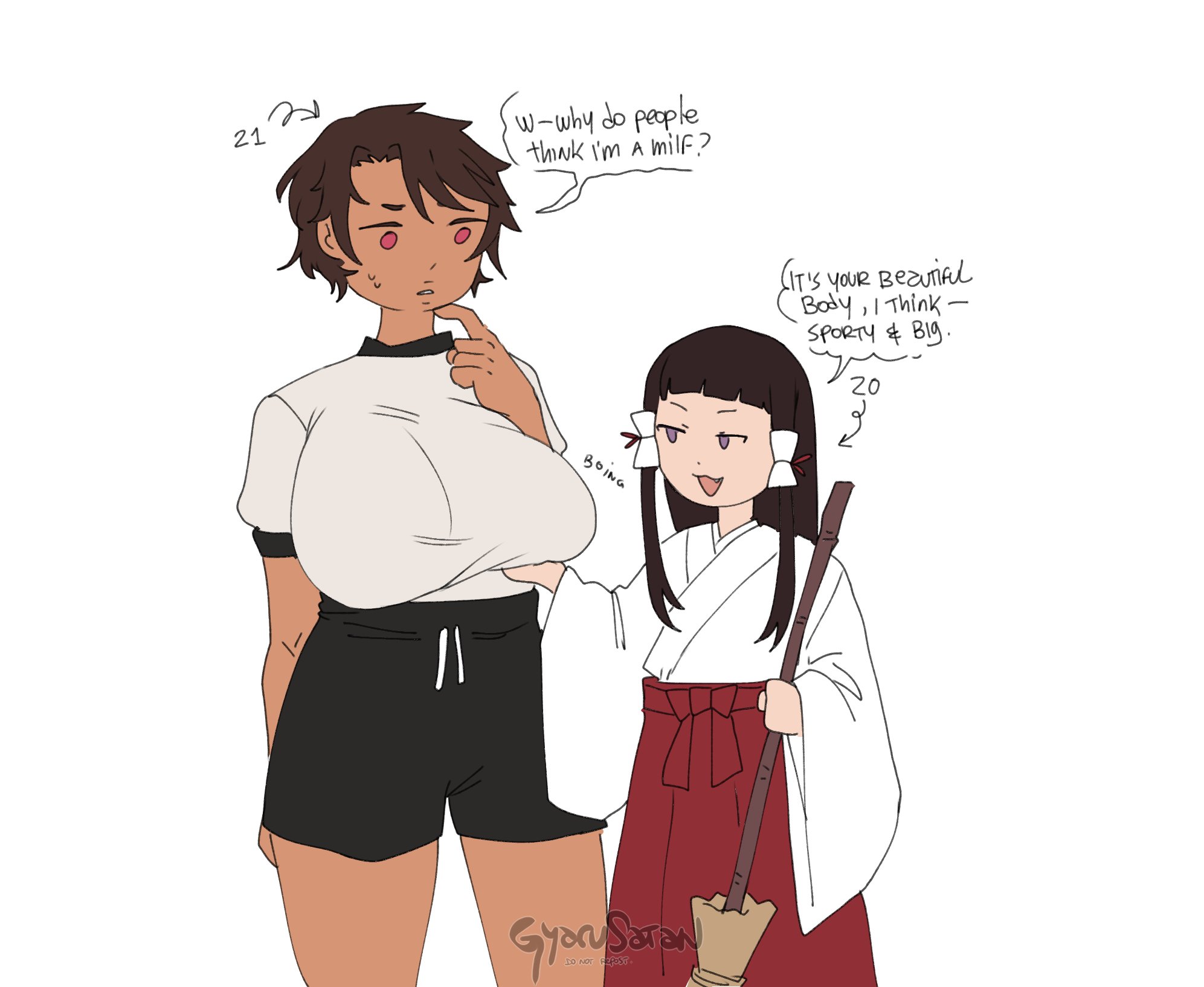 1futa, 1girls, big breasts, black hair, blue eyes, breast grab, breast size talk, breasts, brown hair, clothed, clothing, dark skin, dark-skinned female, dialogue, duo, emi (gyarusatan), english text, female, fully clothed, funny face, futanari, gyarusatan, height difference, huge breasts, human, intersex, light skin, light-skinned female, long hair, looking at breasts, original, original character, red eyes, sena (gyarusatan), short hair, size talk, smile, standing, text, white background