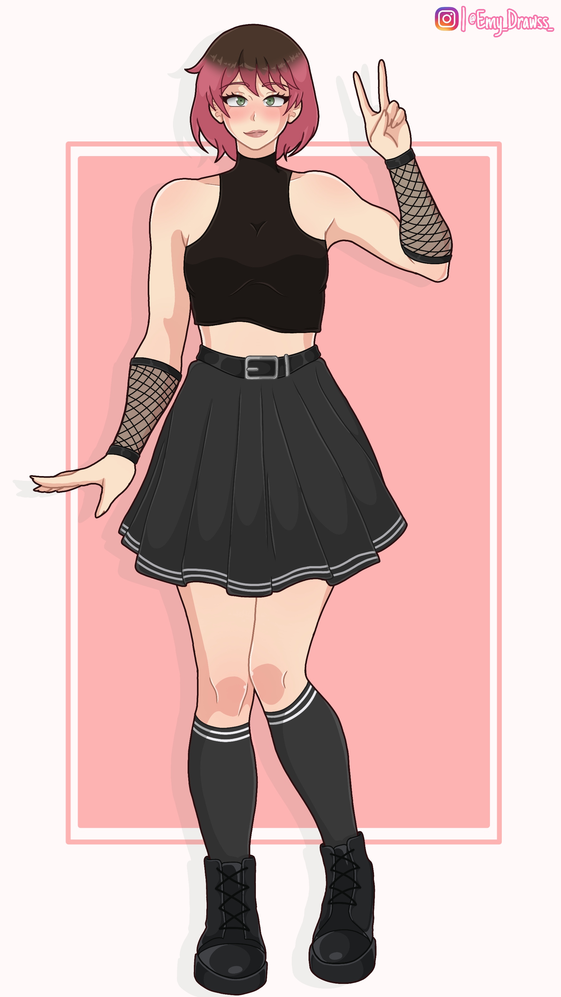 1dickgirl, 1futa, armwear, belt, belt buckle, beltskirt, breasts, clothed, clothing, crop top, dickgirl, emy draws, female, feminine, feminine body, feminine pose, full body, fully clothed, futa only, futanari, goth, goth girl, green eyes, high resolution, high-angle view, highres, human, intersex, knees together feet apart, legwear, light skin, long socks, nipples, oc, original character, original characters, pink hair, pleated skirt, short hair, small breasts, solo, standing, tomgirl, trans woman, transfem