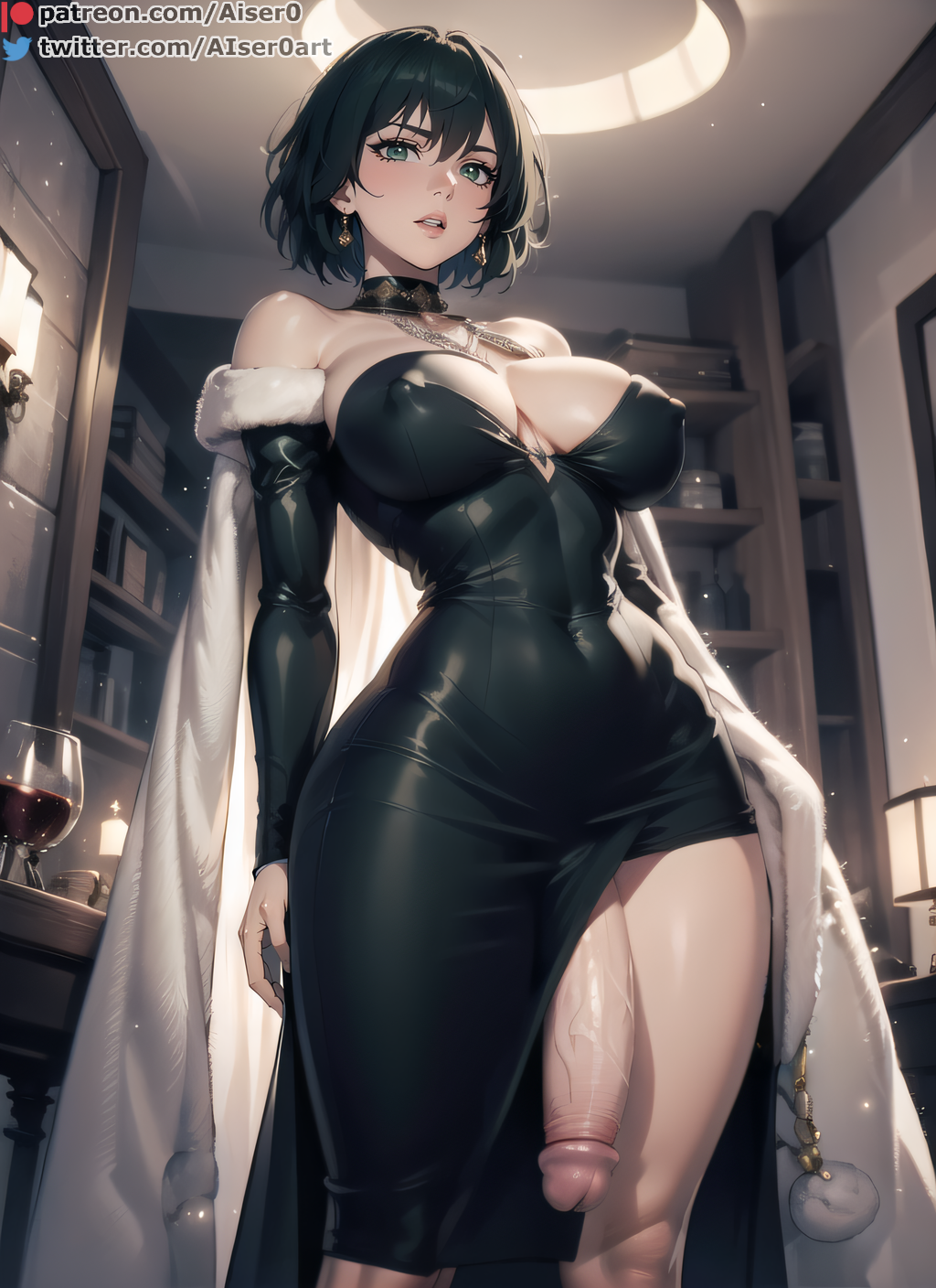1futa, ai generated, aiser0, bangs, breasts, dress, erection, from below, fubuki (one-punch man), futa only, futa sans pussy, futanari, green eyes, green hair, indoors, intersex, jewelry, large breasts, large penis, looking at viewer, nude, one-punch man, penis, short hair, standing, thick thighs, thighs, tight clothing, veiny penis