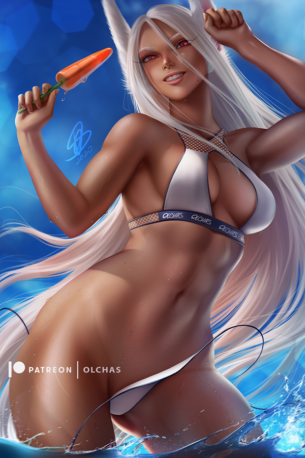 1girls, abs, bikini, bikini bottom removed, breasts, bunny ears, cleavage, dark skin, dark-skinned female, female, female only, long hair, loose bikini, miruko, my hero academia, olchas, popsicle, rabbit humanoid, red eyes, rumi usagiyama, solo, white hair