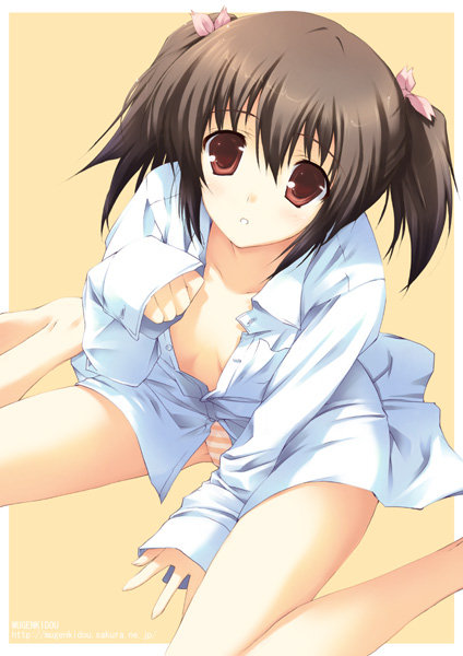 1girls barefoot bottomless brown_eyes brown_hair dress_shirt flower hair_flower hair_ornament long_sleeves munechira no_pants open_clothes open_shirt orange_panties panties pointy_chin shirt short_hair short_twintails sitting solo to_heart_(series) to_heart_2 tomose_shunsaku twintails underwear yuzuhara_konomi