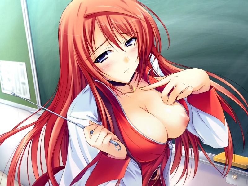 1girls alice_soft blue_eyes blush breast_slip breasts chalkboard classroom_eraser cleavage double_teacher_life female female_only game_cg large_breasts long_hair munechira nipple_slip nipples no_bra one_breast_out red_hair school_nurse solo teacher tomiya_natsuki tomose_shunsaku