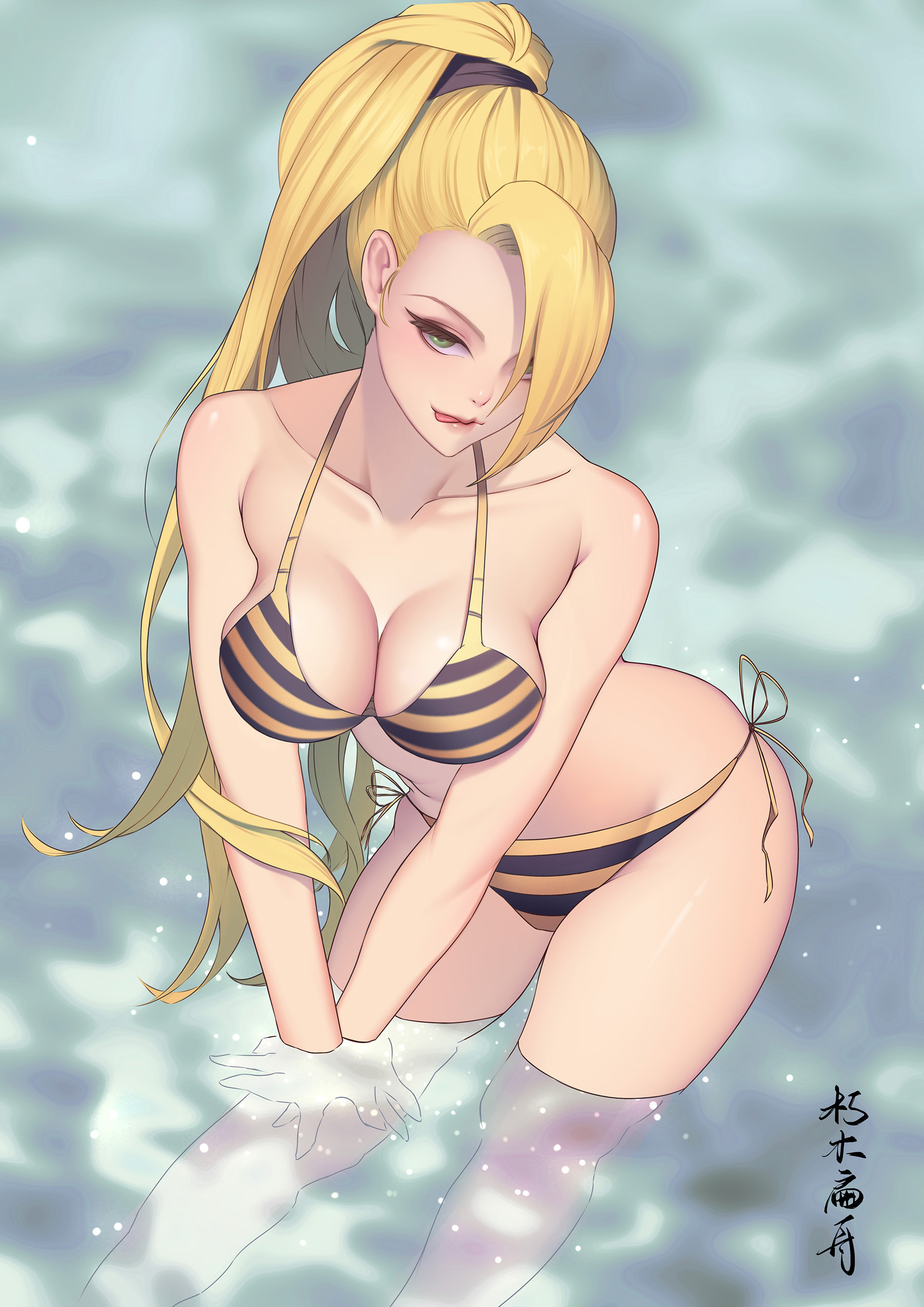 1girls, beach, bikini, bikini bottom, blonde hair, breasts, cleavage, clothing, female, green eyes, hair over one eye, high resolution, ino yamanaka, large breasts, leaning forward, licking lips, long hair, looking at viewer, naruto, naruto (series), naruto shippuden, naughty face, nipples, ocean, outdoors, partially submerged, ponytail, side-tie bikini, solo, string bikini, striped, striped bikini, striped swimsuit, swimsuit, tied hair, tongue, tongue out, very high resolution, water, xiumu bianzhou