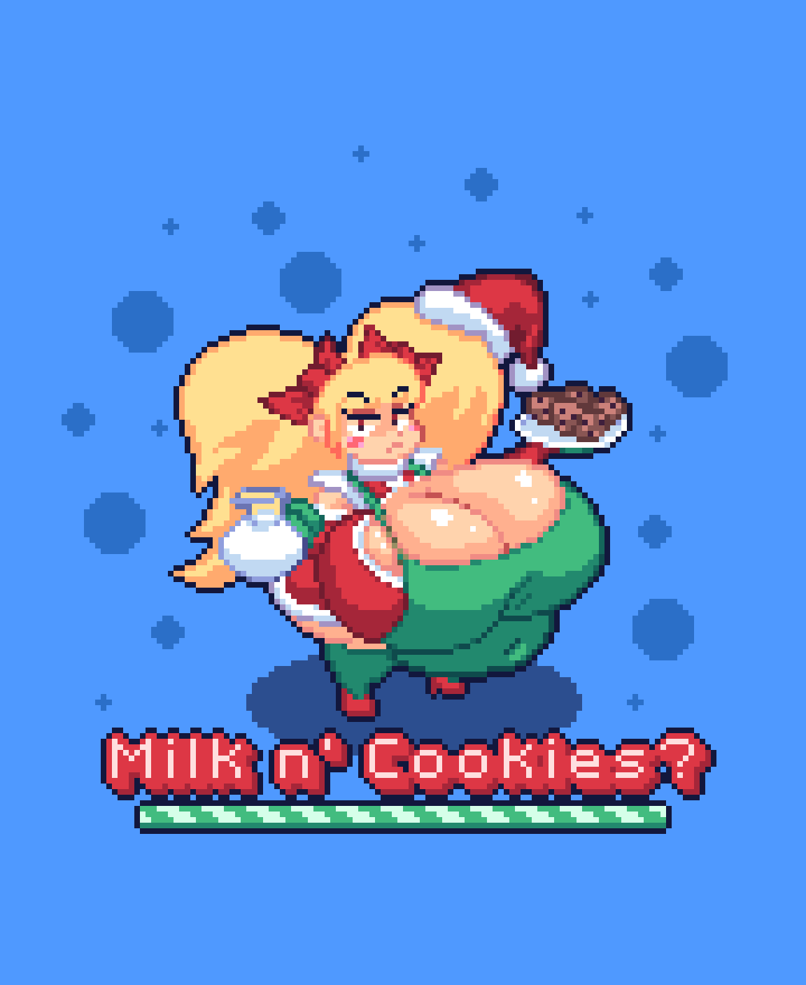 1girls bellybelting big_belly christmas christmas_clothing cookie huge_breasts milk oc pixel_art santa_hat text