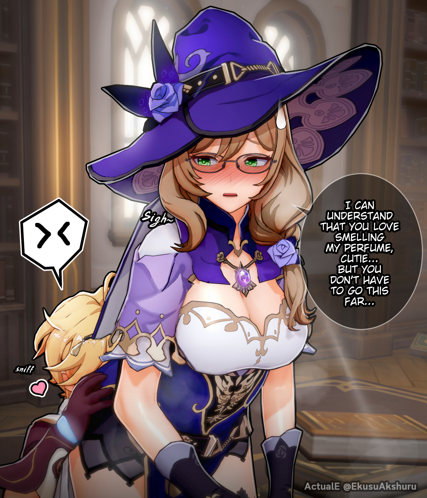 1boy, 1girls, actuale, aether (genshin impact), ass, ass on face, ass sniffing, big ass, female, fetish, genshin impact, lisa (genshin impact), long hair, male, smothering, sniffing ass