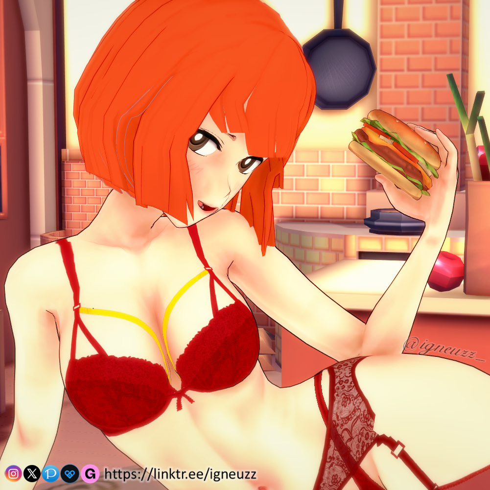 1girls 3d bangs bare_shoulders big_breasts blush bob_cut bra breasts burger cute double_entendre female female_focus female_only french_fries garter_belt garter_straps hamburger head_tilt holding_burger igneuzz inviting light-skinned_female lingerie lingerie_only looking_at_viewer mcdonald's milf mom_(japanese_mcdonald's_commercial) mother no_sex non-nude on_table orange_hair reclining red_bra red_garter_belt red_garter_straps red_lingerie red_thong short_hair sitting sling_bikini smile smiling solo thick_thighs thong yoru_mac