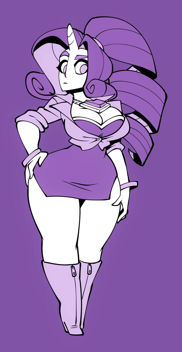 ass, big ass, big breasts, bigdad, blue eyes, blue eyeshadow, boots, breasts, bubble ass, button shirt, cleavage, fat ass, female, female only, friendship is magic, hasbro, heel boots, high boots, high heel boots, high heels, huge ass, humanized, humanoid, humanoidized, large ass, large breasts, long hair, looking at viewer, looking back, my little pony, my little pony friendship is magic, ponytail, rarity (mlp), skirt, straight hair, thick ass, thick legs, thick thighs, thigh boots, thighhigh boots, unicorn, voluptuous