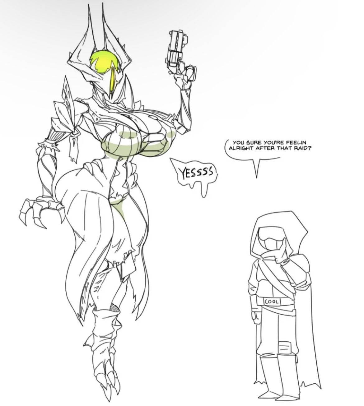 2d, alien, alien girl, alien humanoid, ass, breasts, bubble ass, bubble butt, bungie, curvy, curvy female, destiny (game), destiny 2, female, female focus, firearm, guardian (destiny), gun, handgun, hive, hive (destiny), large breasts, lewdreaper, nipple bulge, revolver, text, text bubble, warlock (destiny), weapon