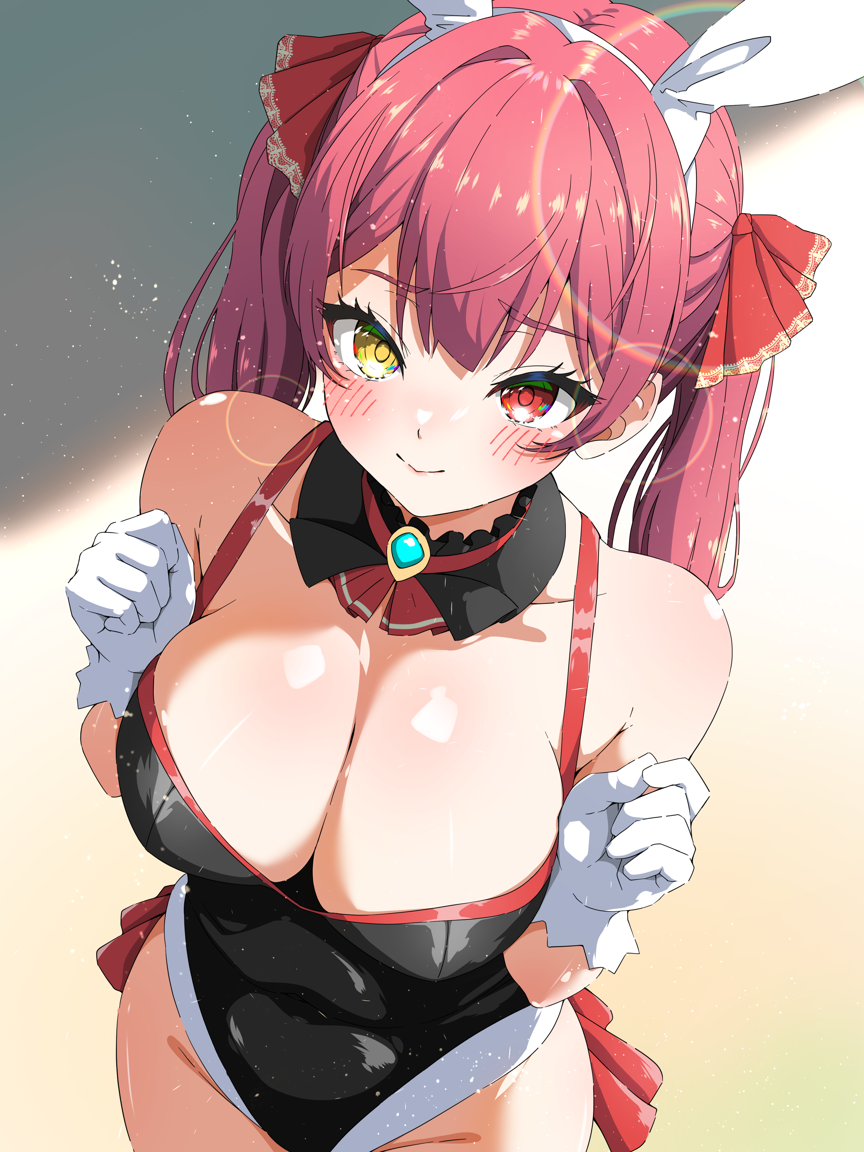 1girls, absurdres, alternate costume, animal ears, artist request, ascot, blush, breasts, bunny ears, cleavage, closed mouth, covered navel, detached collar, fake animal ears, female, from above, gloves, hairband, heterochromia, highres, hololive, hololive fantasy, hololive japan, houshou marine, isakoro (hx9cj), large breasts, lens flare, leotard, long hair, playboy bunny, rabbit ears, red ascot, red eyes, red hair, solo, twintails, virtual youtuber, white gloves, white hairband, yellow eyes