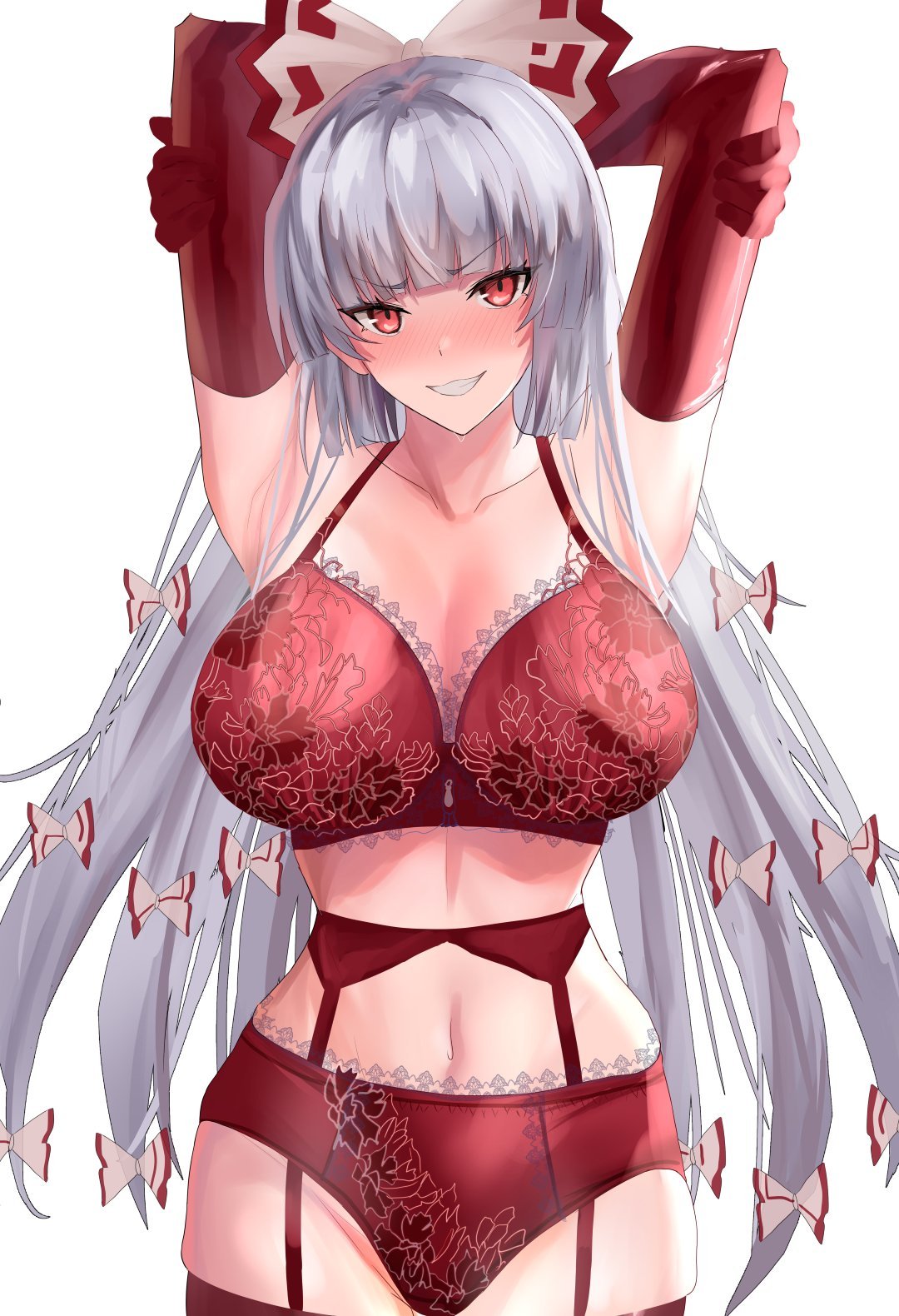 bra elbow_gloves enmimontoria female fujiwara_no_mokou garter_straps large_ass large_breasts lingerie midriff navel panties thick_thighs thighhighs touhou wide_hips