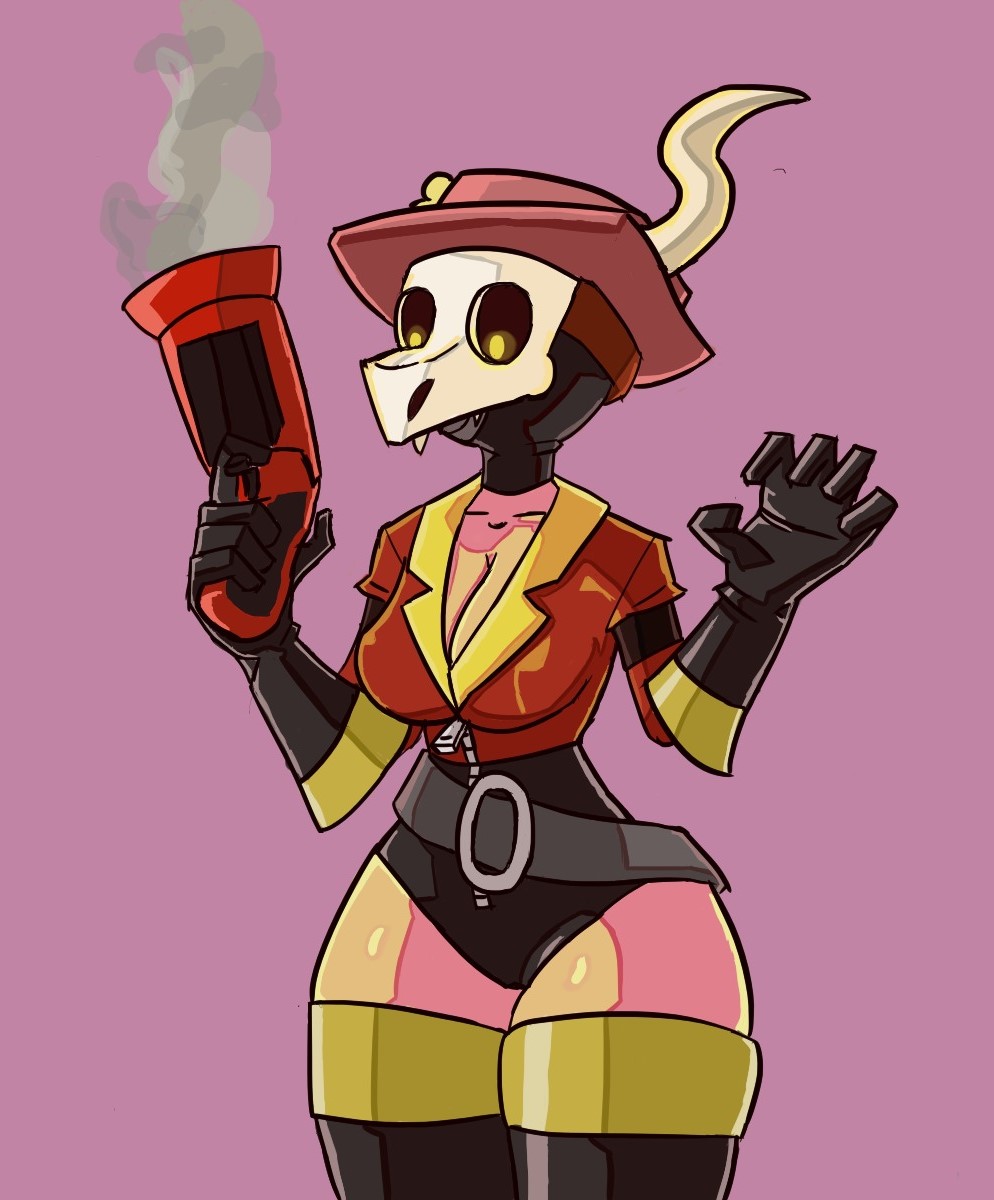 belt belt_buckle big_thighs female female_only fempyro gas_mask hat horn latex latex_clothing latex_gloves latex_thighhighs muffles pyro pyro_(team_fortress_2) skull_mask solo solo_female team_fortress_2 thigh_highs thighhighs thighs