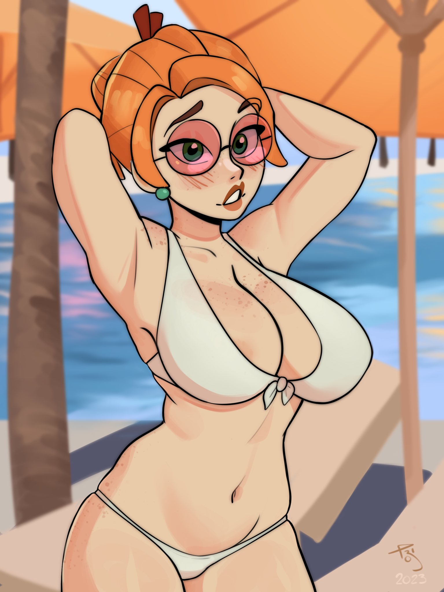 beach, big breasts, bikini, breasts, female, freckles, freckles on breasts, green eyes, hip dips, koko (ninjago), lego, ninjago, orange hair, red-tinted eyewear, sunglasses, the lego ninjago movie, tinted eyewear, tobiart, white bikini