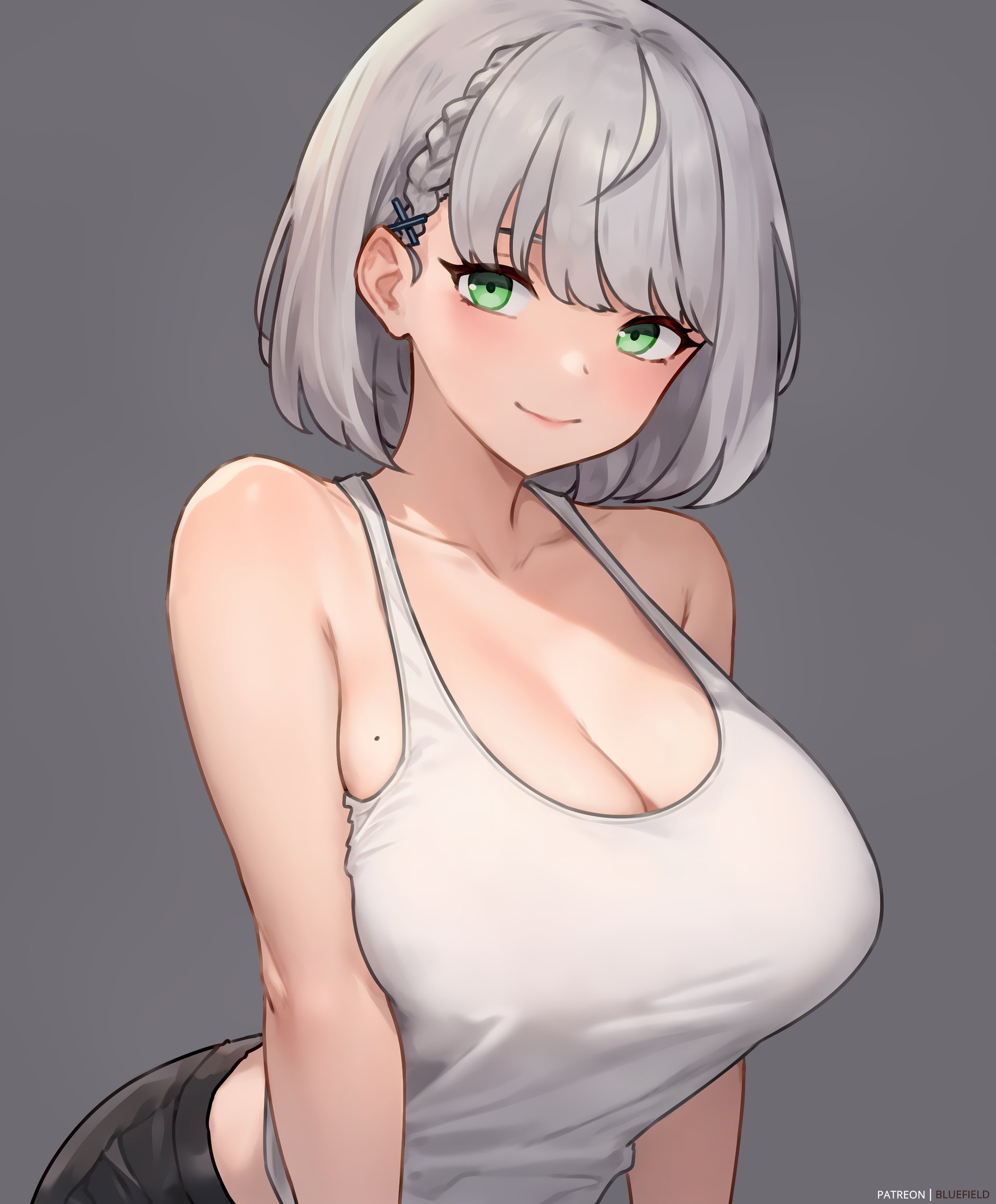 1girls, bluefield, breasts, cleavage, female, green eyes, hi res, hololive, hololive fantasy, hololive japan, huge breasts, looking at viewer, png version available, shirogane noel, short hair, smile, tank top, virtual youtuber, white hair