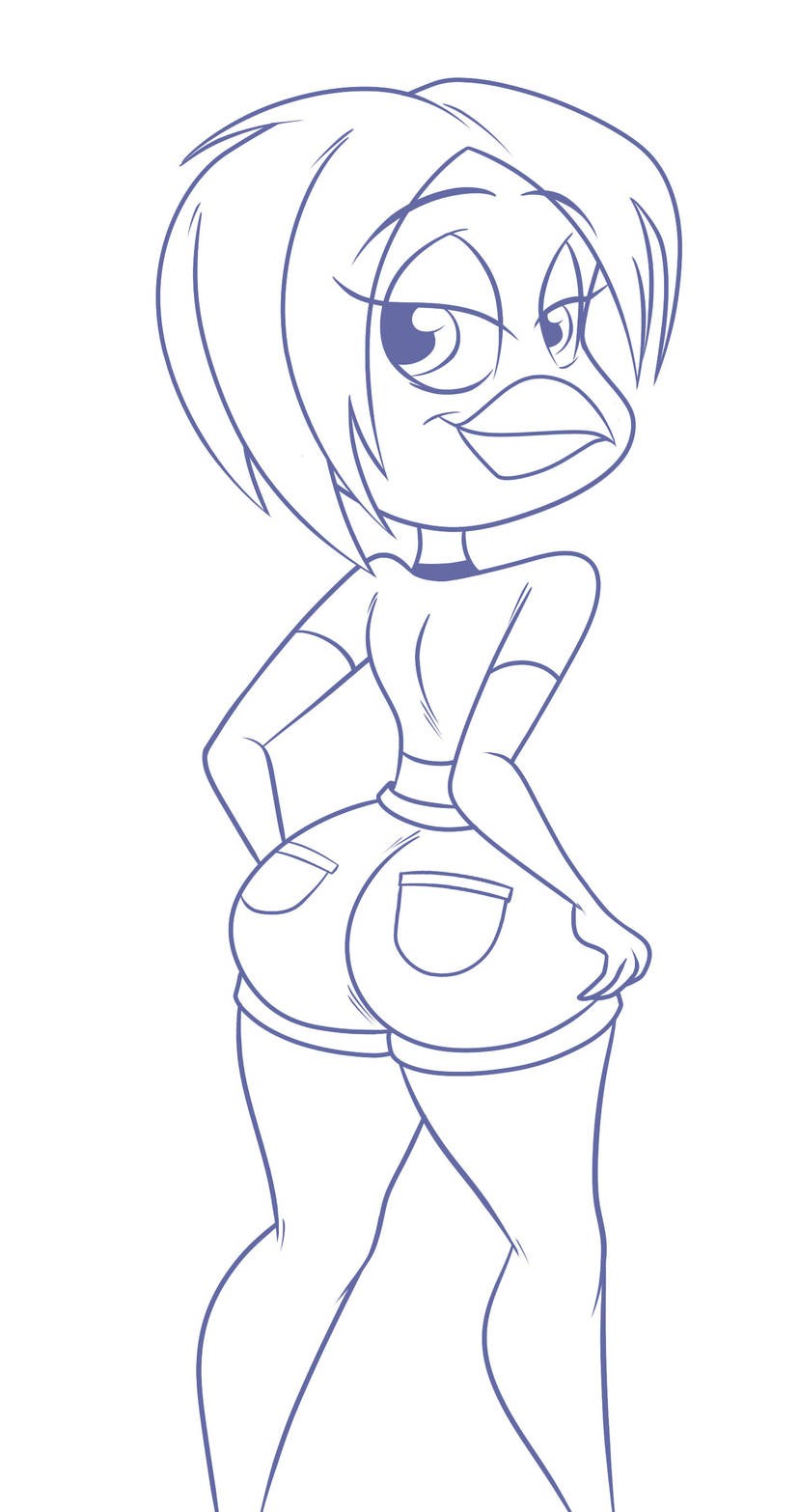 anthro big_ass bird chicken choker crop_top curvy daisy_dukes denim_shorts female looking_at_viewer looking_back monochrome regue_chicken reguechicken seductive_look short_hair short_hair_female short_shorts smile tagme violeta_herrera