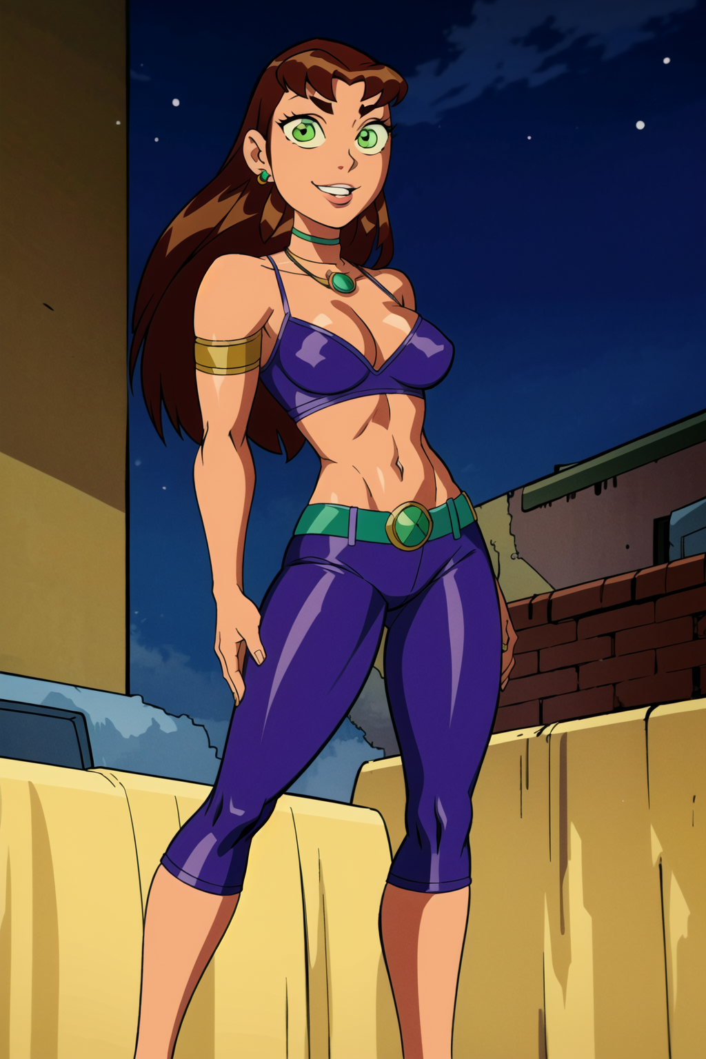 ai_generated ben_10 ben_tennyson benfire bookoflustfan brown_hair crossover dc female_ben fully_clothed green_eyes rule_63 self_upload starfire teen_titans transformation