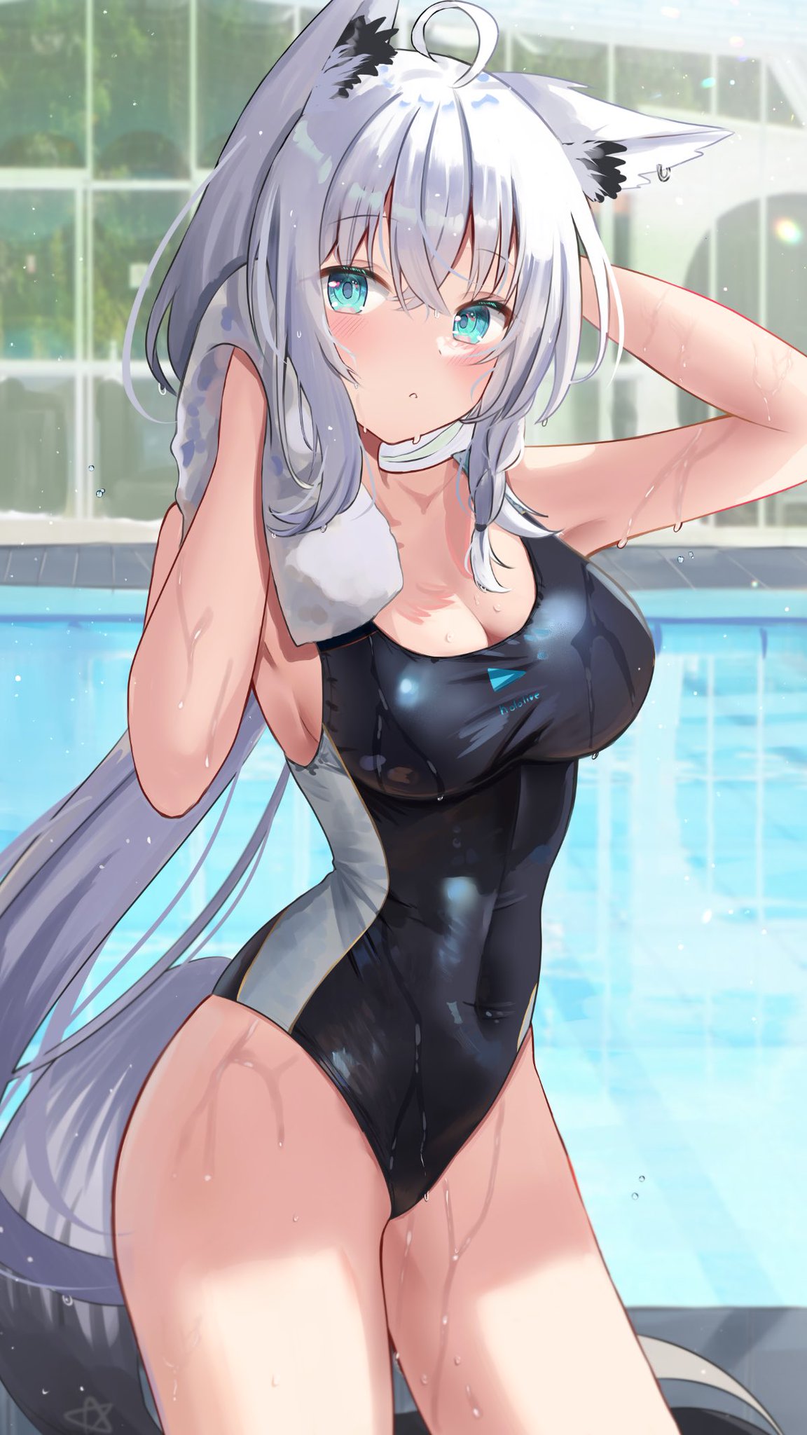 1girls, ahoge, animal ear fluff, animal ears, blue one-piece swimsuit, blush, braid, breasts, cleavage, commentary request, competition swimsuit, earrings, female, fox ears, fox girl, fox tail, green eyes, hair between eyes, highres, holding, holding towel, hololive, hololive gamers, hololive gen 1, hololive japan, indoors, jewelry, long hair, looking at viewer, medium breasts, nibosinokona, one-piece swimsuit, pentagram, pool, shirakami fubuki, sidelocks, single braid, solo, swimsuit, tail, towel, virtual youtuber, wet, white hair