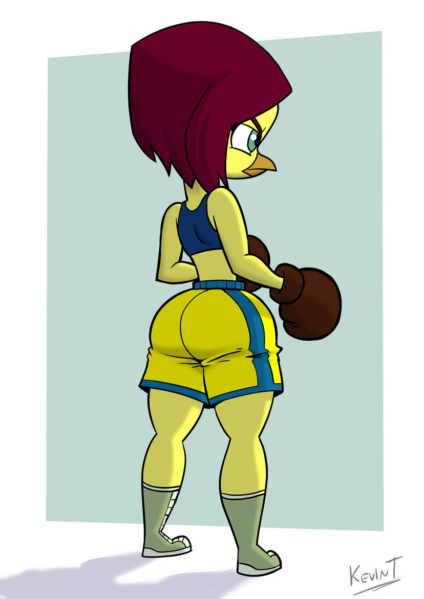 angry_face anthro big_ass boxing_gloves boxing_shorts chicken chicken_girl clothed determined facing_away female female_only green_eyes red_hair regue_chicken reguechicken solo solo_female tagme violeta_herrera