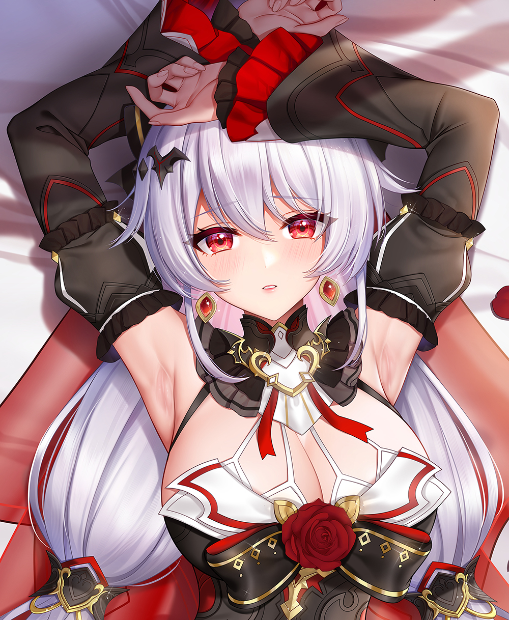 1girls armpits arms_up blush breasts chinese_commentary cleavage commentary commentary_request dakimakura_(medium) detached_sleeves dress earrings female female_focus female_only flower frilled_sleeves frills hair_between_eyes hair_ornament highres honkai_(series) honkai_impact_3rd jewelry jg&solin large_breasts long_hair long_sleeves looking_at_viewer luna_(honkai_impact) lying on_back parted_lips petals red_eyes red_flower red_rose rose solo theresa_apocalypse theresa_apocalypse_(lunar_vow:_crimson_love) upper_body white_hair