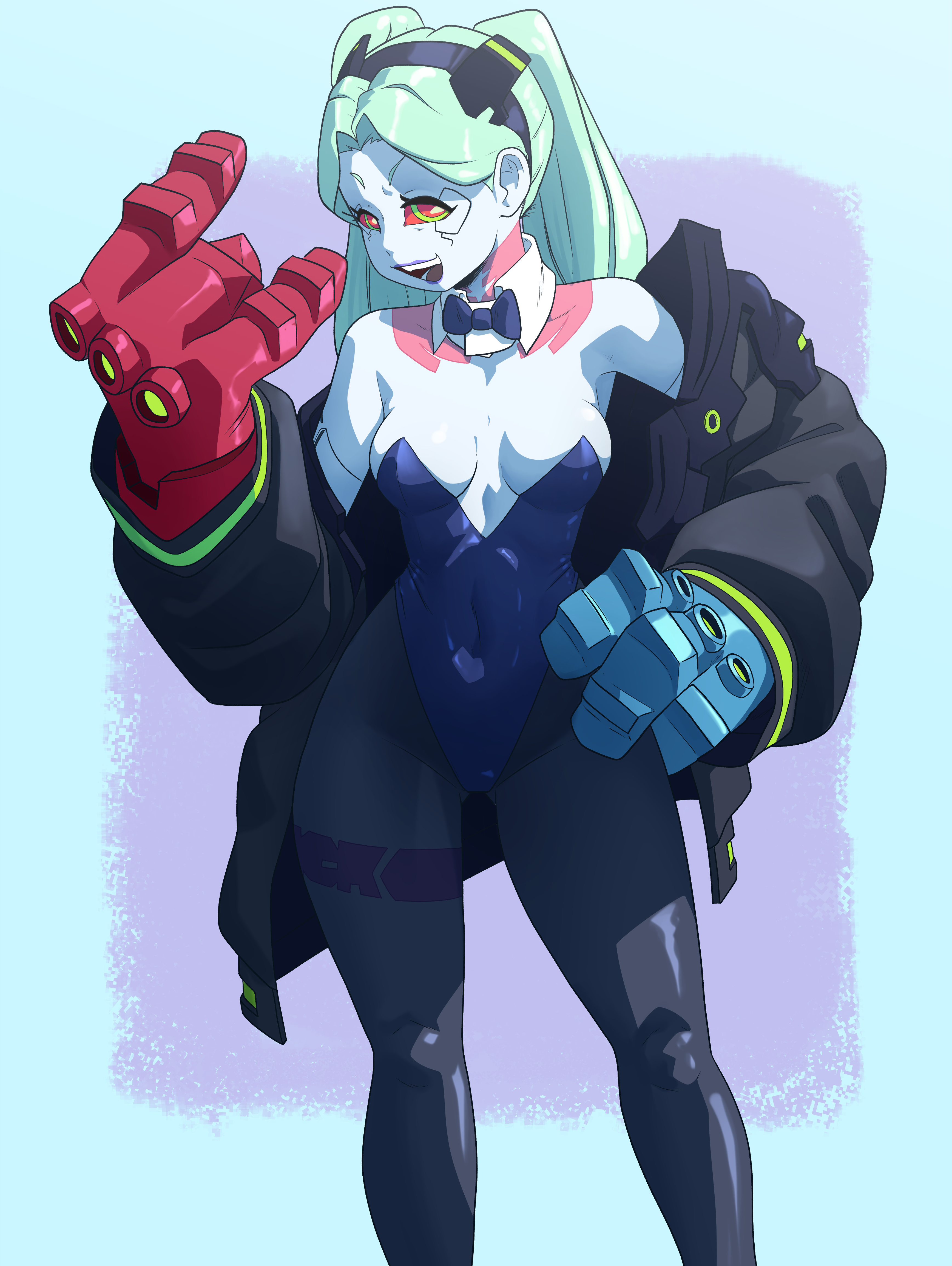 1girls, 2023, absurd res, belly button visible through clothing, blue hair, body markings, bowtie, breasts, bunnysuit, calves, cleavage, clothed, clothed female, clothes, clothing, coolerinker, cyberpunk 2077, cyberpunk: edgerunners, cyborg, detached collar, devil horns (gesture), female, front view, fully clothed, gauntlets, gesture, green hair, grey body, grey skin, hair, hand on hip, handwear, hi res, human, humanoid, inker comics, inkershike, jacket, legs apart, legwear, leotard, long hair, looking at viewer, medium breasts, navel visible through clothes, no artist signature, no source, open jacket, open mouth, outerwear, pale skin, pantyhose, rebecca (edgerunners), red eyes, red sclera, simple background, skin tight, small nose, smile, smiling, smiling at viewer, solo, standing, stomach, straight hair, teal hair, teeth, thighs, thin eyebrows, three-quarter portrait, tongue, topwear, twintails, very small nose, wide hips