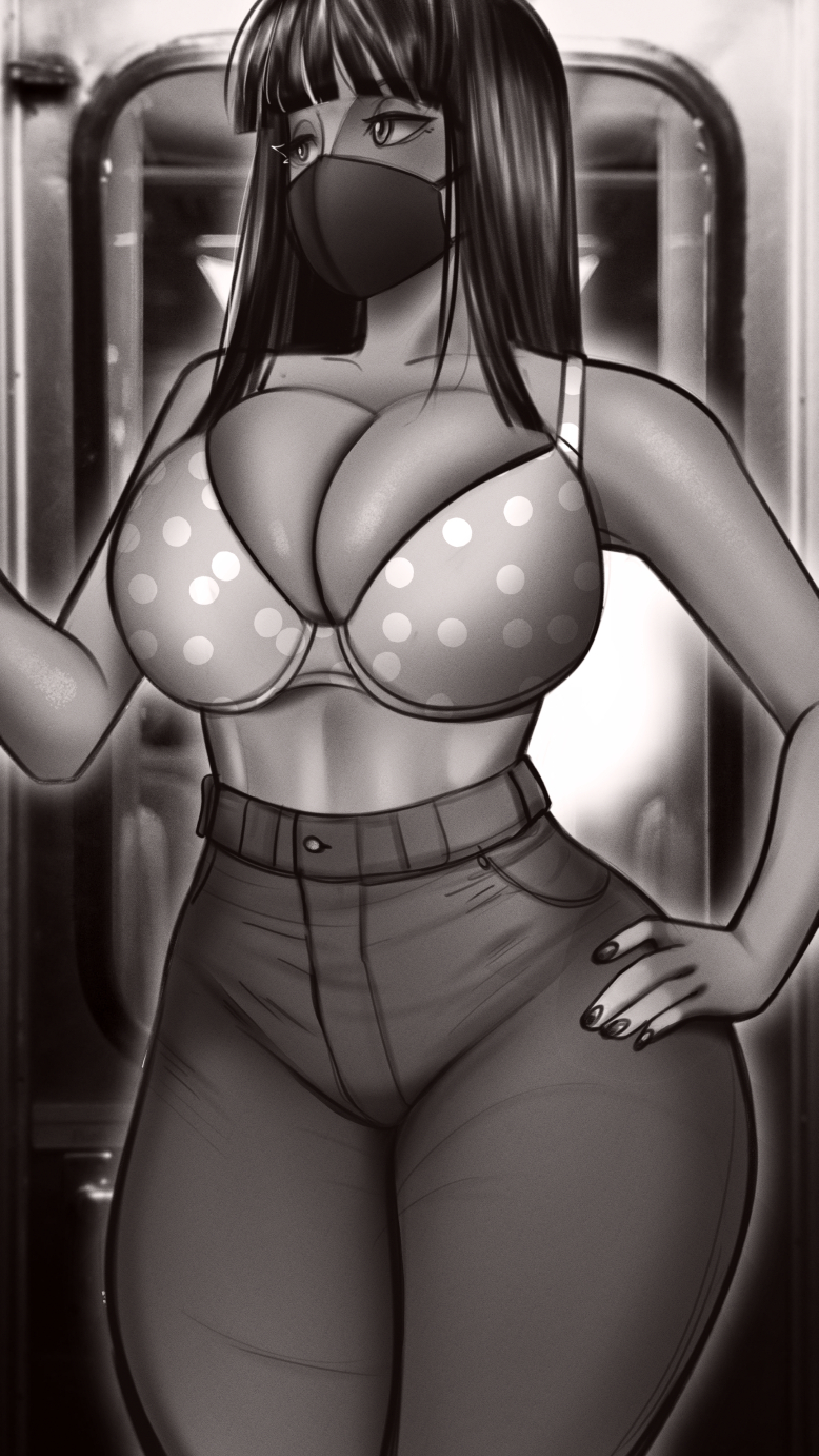 1girls bangs big_breasts female female_only huge_breasts joylewds monochrome nico_robin one_piece pre-timeskip public subway