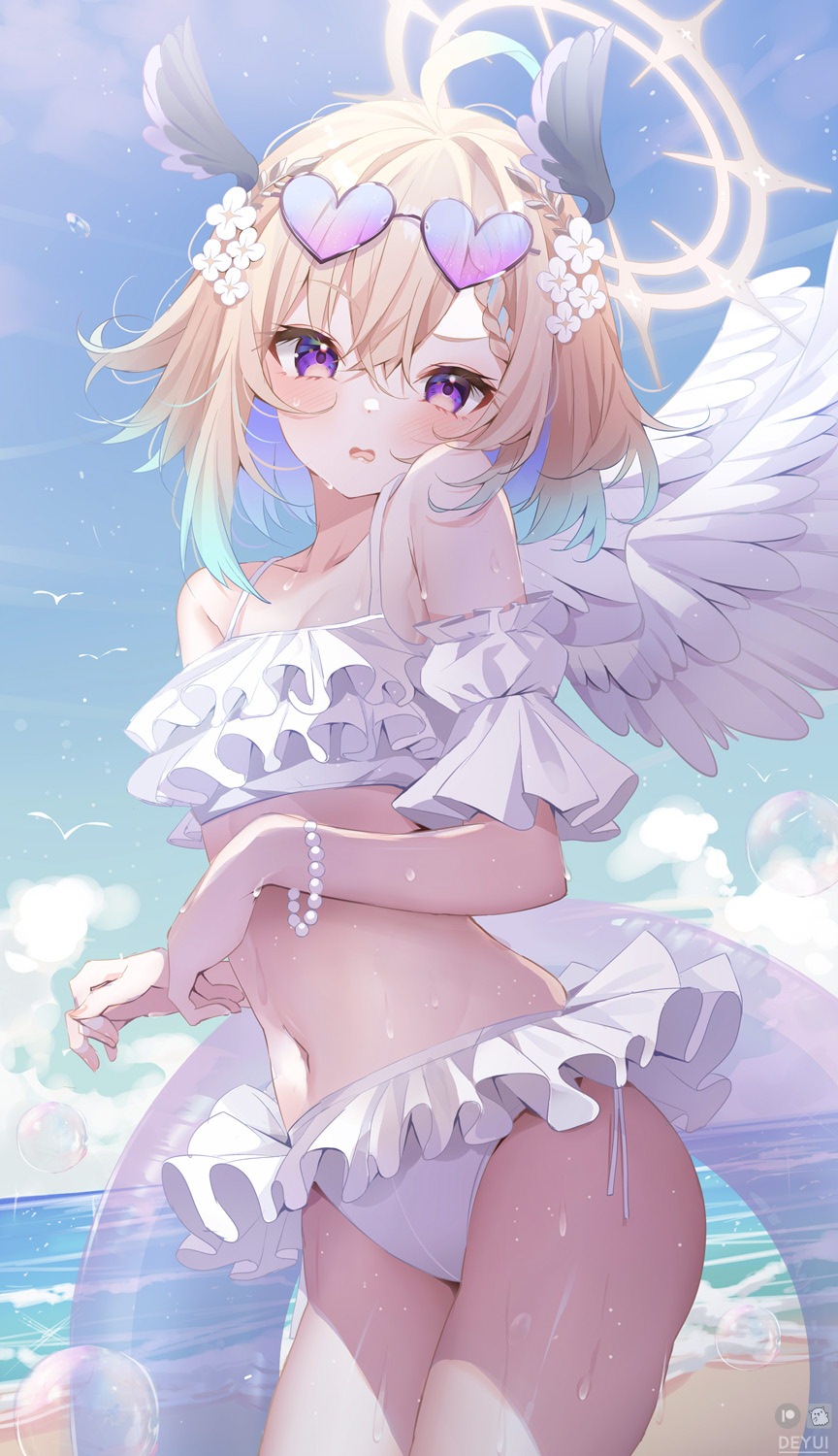 1girls ahoge angel angel_wings aqua_hair bare_shoulders beach bikini blonde_hair blue_hair blush breasts deyui enna_alouette eyewear_on_head feathered_wings flower frilled_bikini frills gradient_hair hair_between_eyes hair_flower hair_ornament halo head_wings heart heart-shaped_eyewear highres long_hair looking_at_viewer multicolored_hair navel nijisanji nijisanji_en open_mouth outdoors purple_eyes purple_hair solo swimsuit very_long_hair virtual_youtuber wet white_bikini white_wings wings