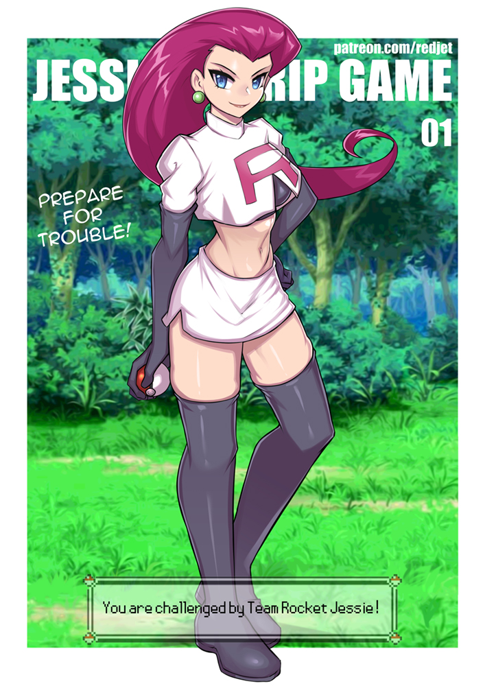 1girls, blue eyes, comic, crop top, dialogue, earrings, elbow gloves, english text, female, forest, full body, hand on hip, holding object, holding poke ball, jessie (pokemon), knee boots, miniskirt, navel, page 1, pokemon, purple hair, purple-haired female, redjet, skirt, solo, strip game, team rocket, text box