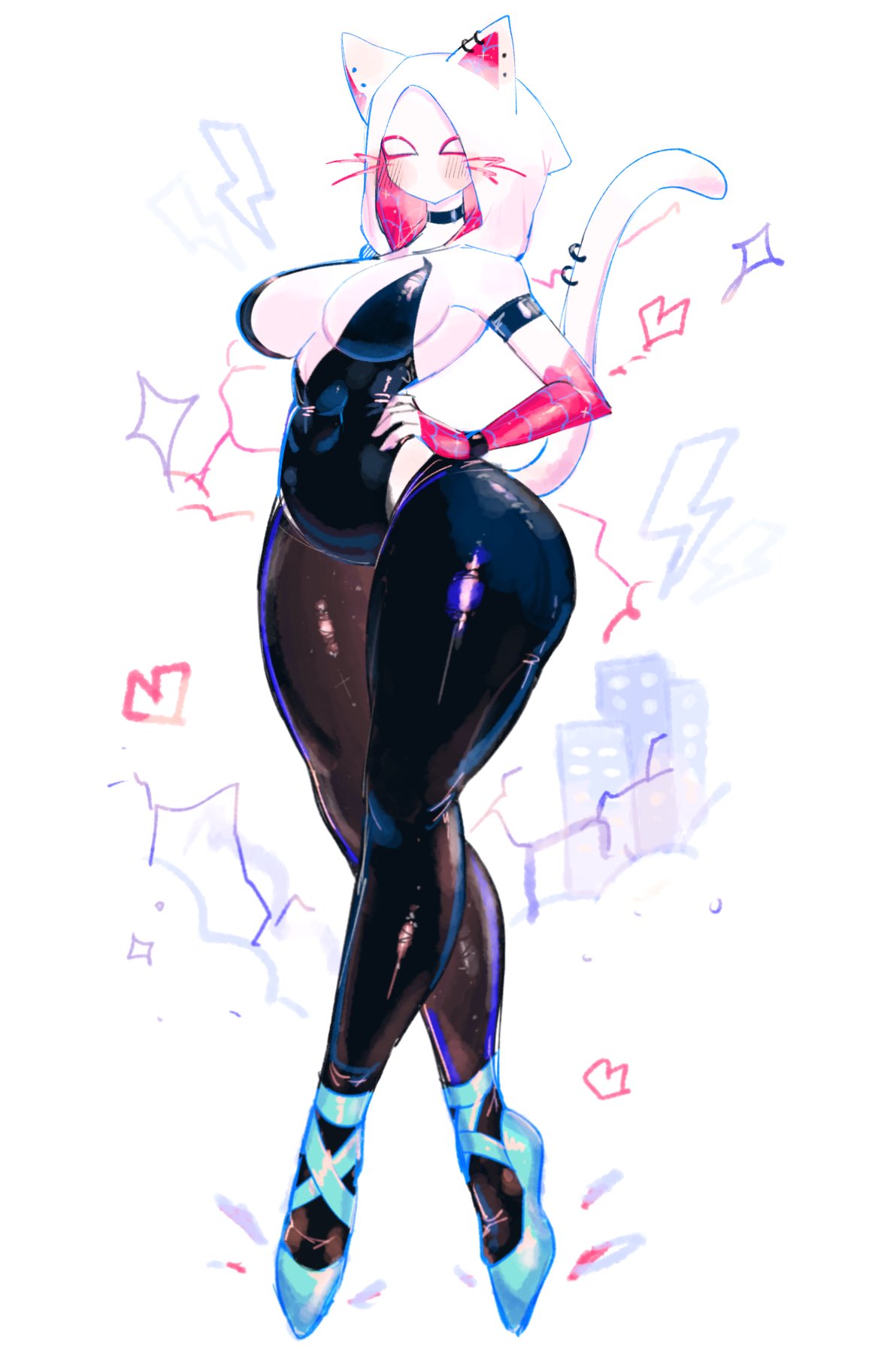 1girls, bodysuit, breasts, cat ears, cat tail, female, female only, gwen stacy, large breasts, marvel, marvel comics, mask, masked, masked female, solo, spider-gwen, spider-man (series), superheroine, thick thighs, thighs, usa37107692, wide hips